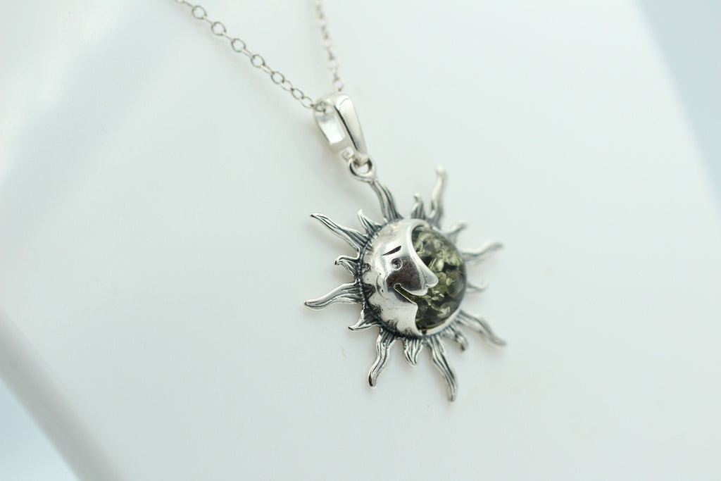 Bernstein Sonnen Mond Anhänger 925 Silber Collier Kette Sonnenanhägner Schmuck