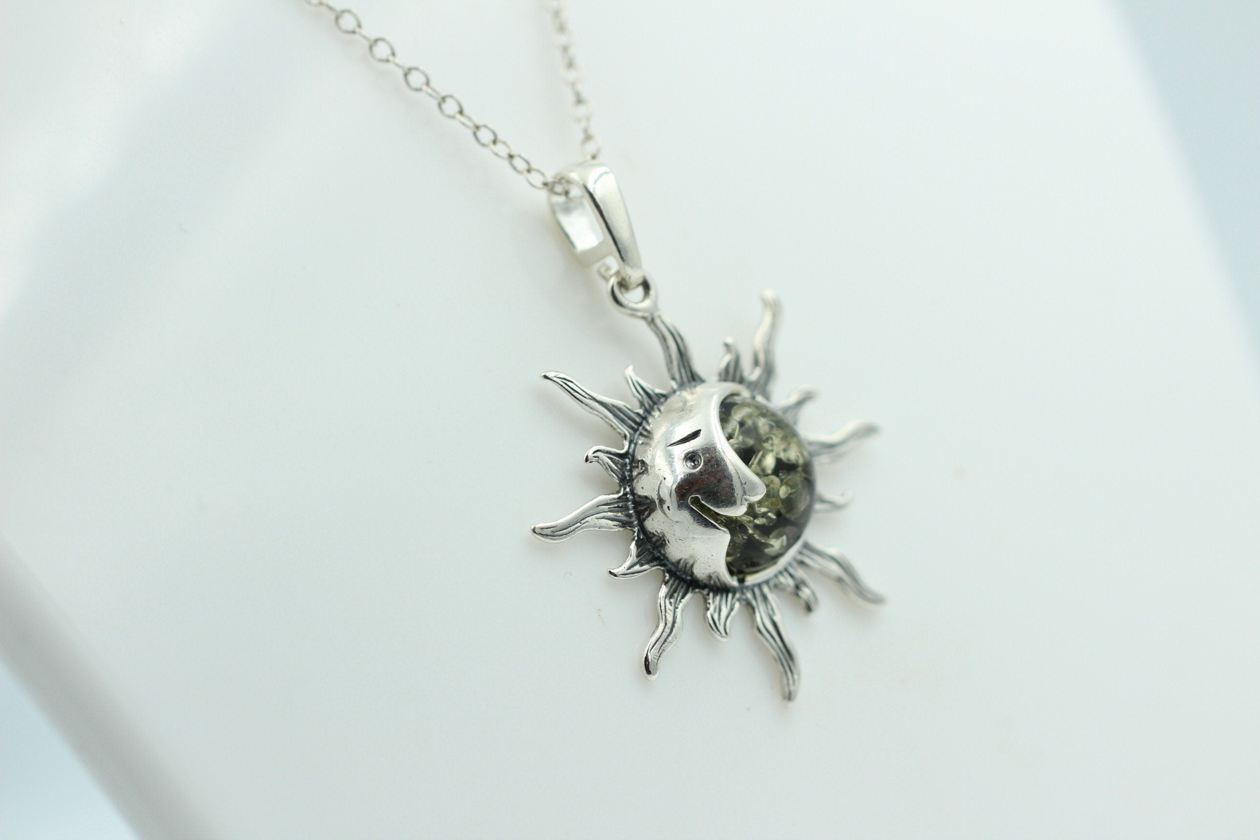 Bernstein Sonnen Mond Anhänger 925 Silber Collier Kette Sonnenanhägner Schmuck