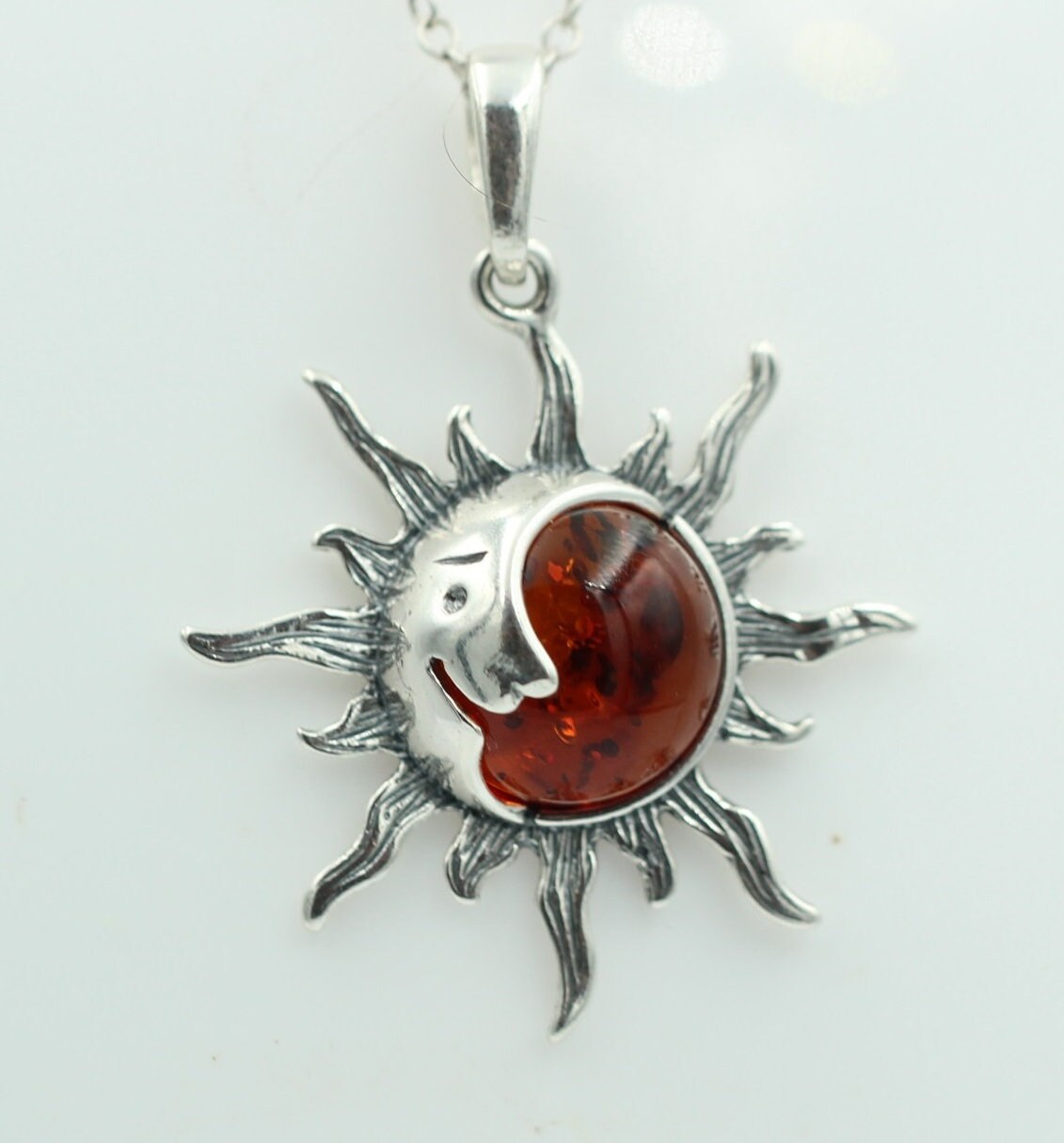 Bernstein Sonnen Mond Anhänger 925 Silber Sonnenanhägner Schmuck