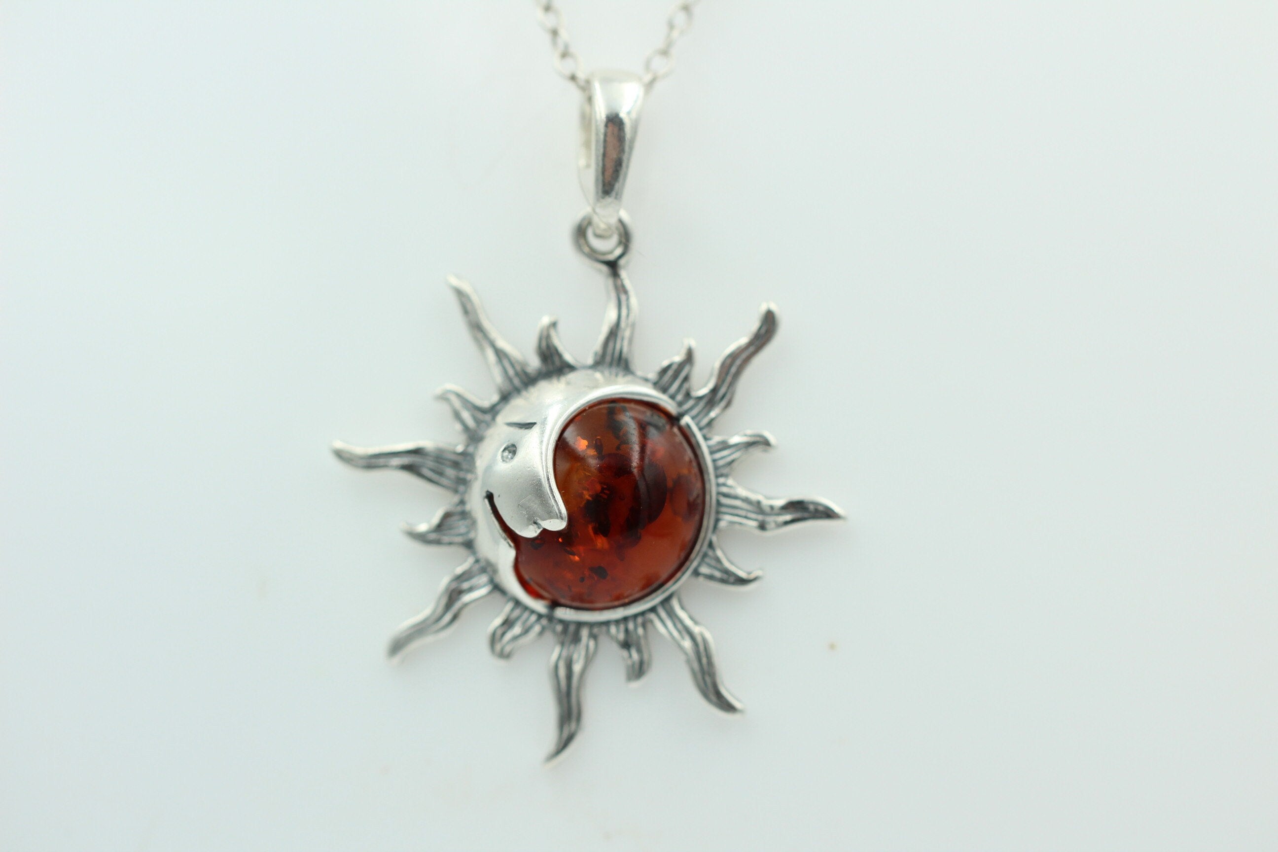 Bernstein Sonnen Mond Anhänger 925 Silber Sonnenanhägner Schmuck