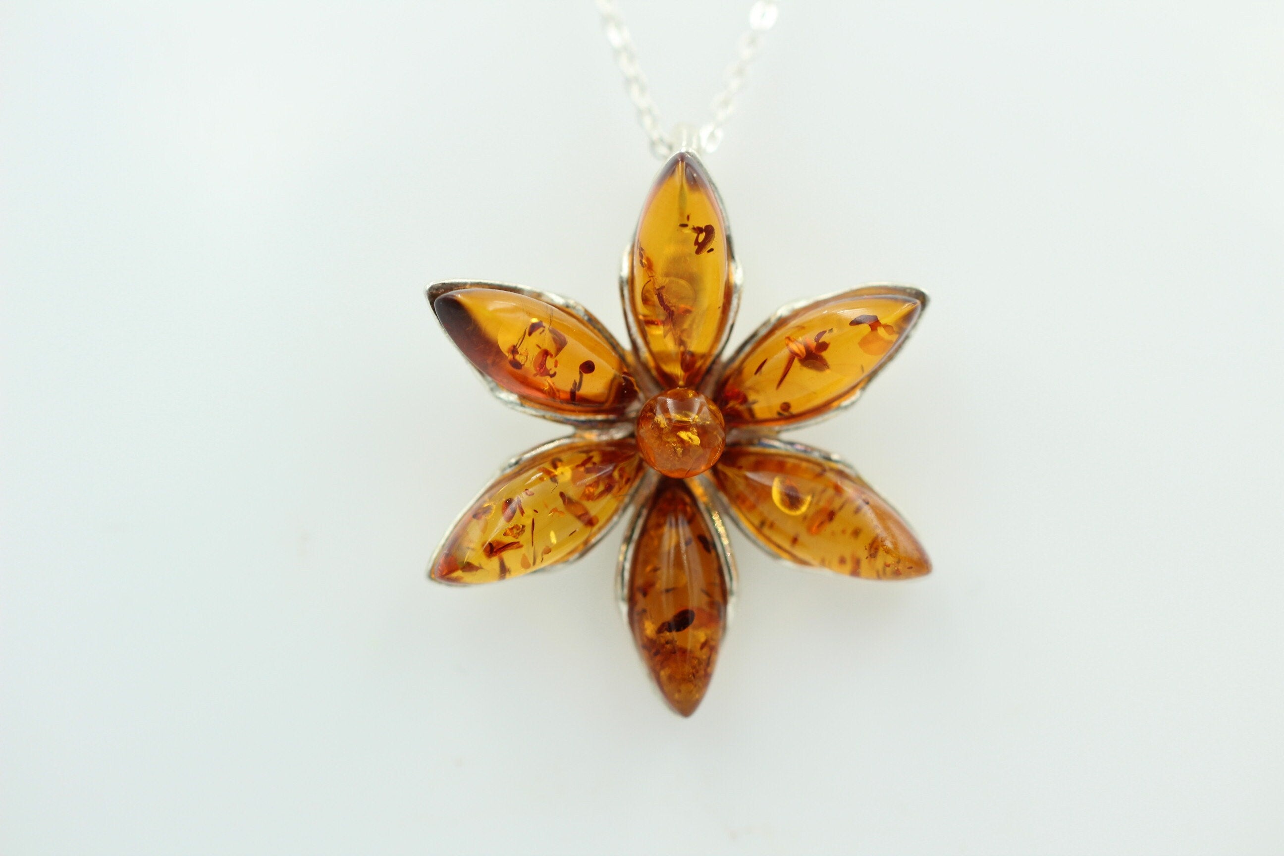 Edler Bernstein Blumen Anhänger 925 Silber Collier Kette Bernstein aus Letland