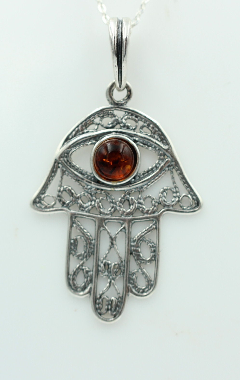 Bernstein Hand der Fatima 925 Silber Collier Kette Bernsteinanhänger