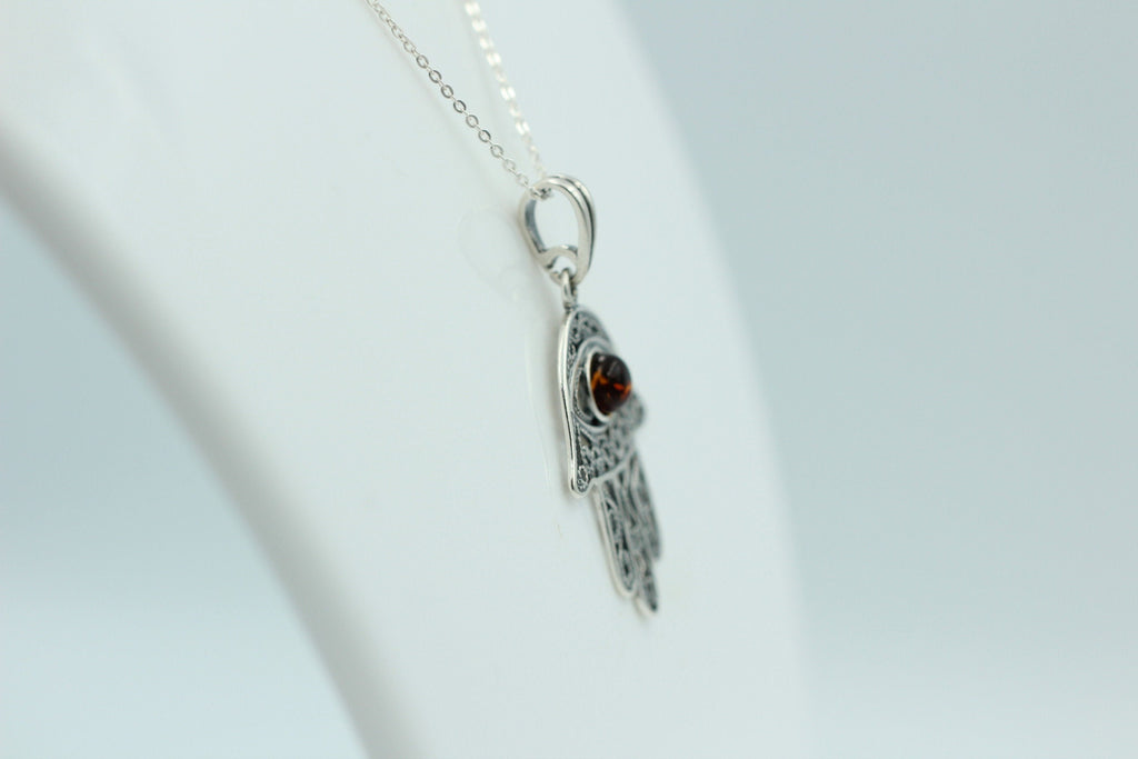 Bernstein Hand der Fatima 925 Silber Collier Kette Bernsteinanhänger