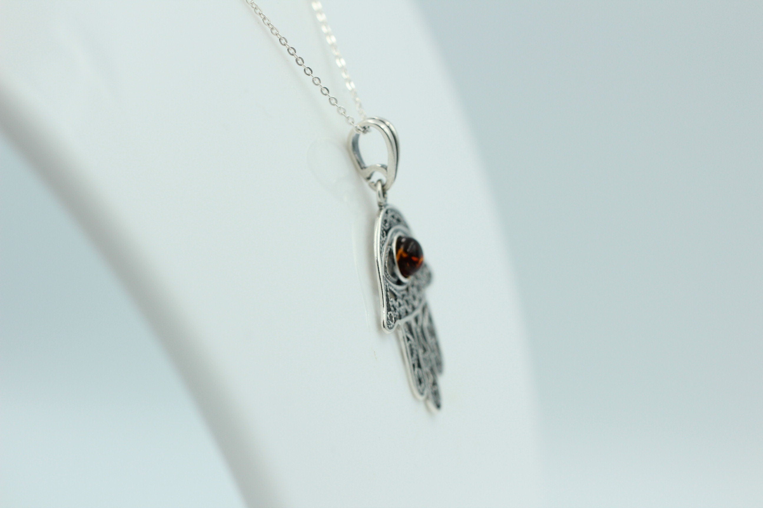 Bernstein Hand der Fatima 925 Silber Collier Kette Bernsteinanhänger