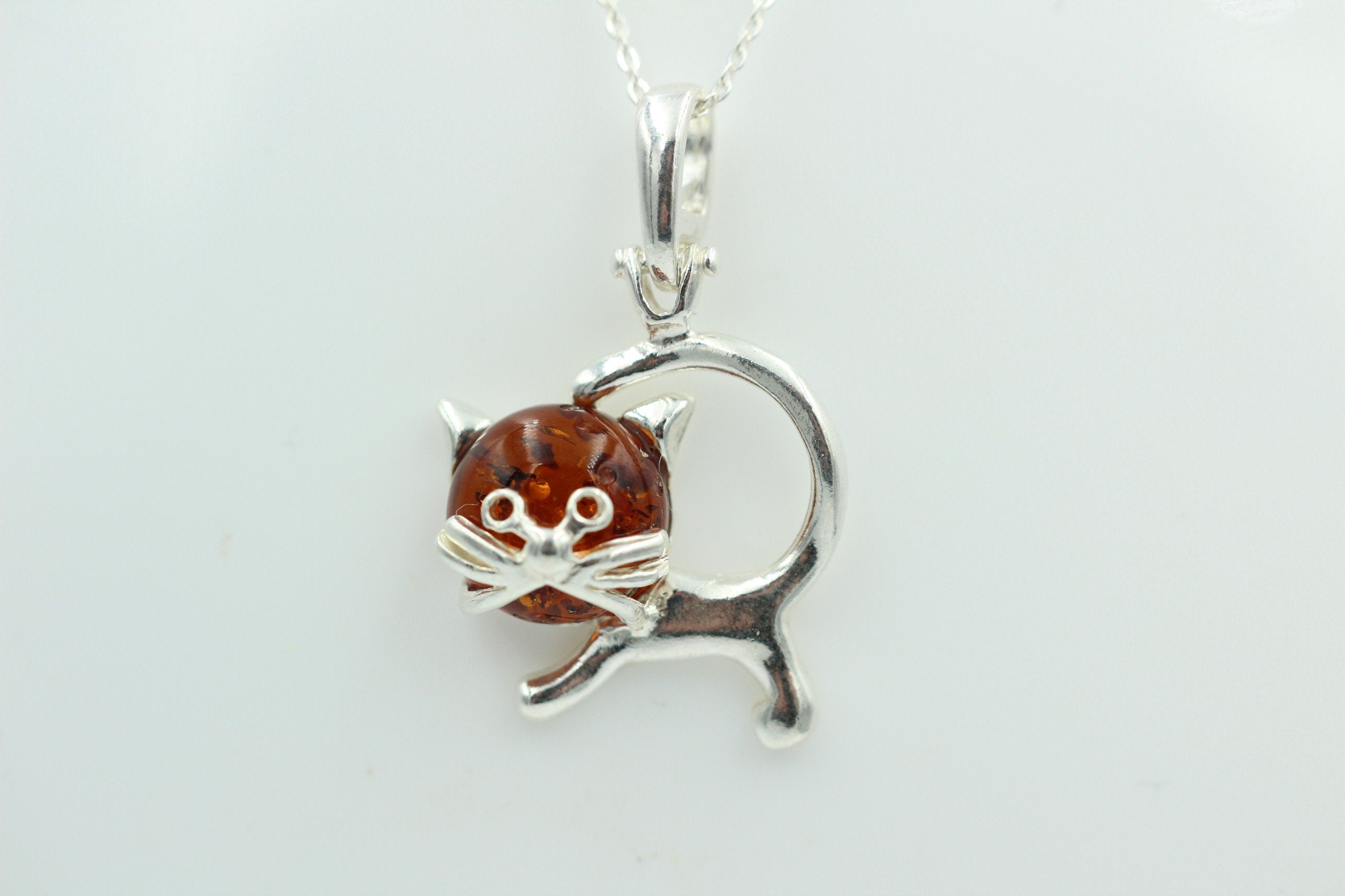 Bernstein Anhänger Katze 925 Silber Katzenanhänger Mädchen Frauen Collier Kette