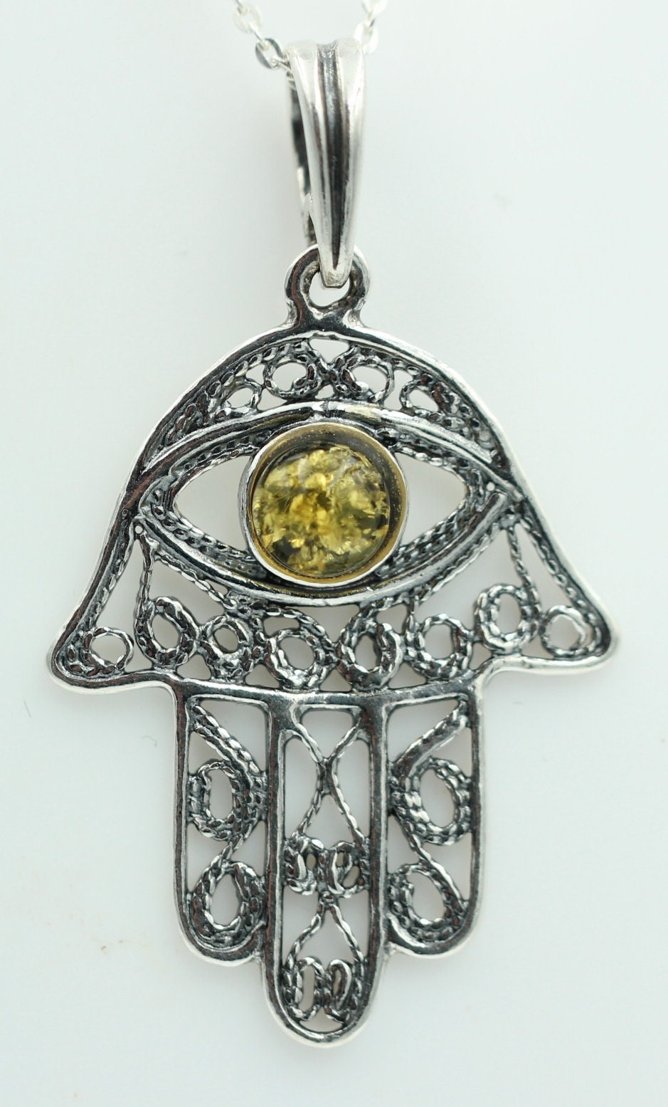 Bernstein Hand der Fatima 925 Silber Collier Kette Bernsteinanhänger
