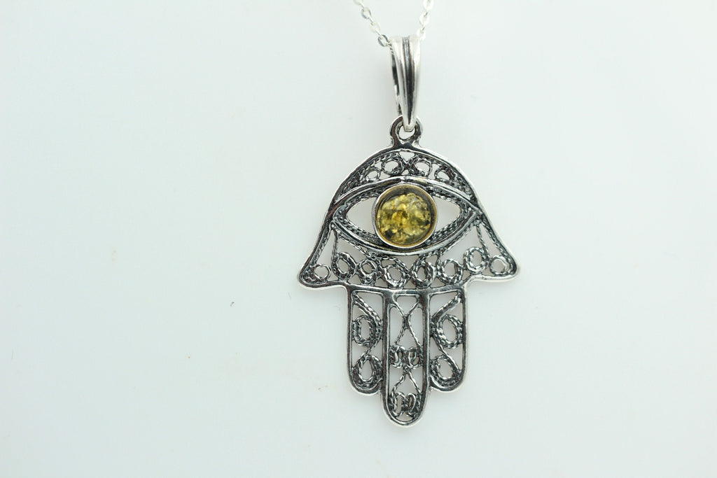Bernstein Hand der Fatima 925 Silber Collier Kette Bernsteinanhänger