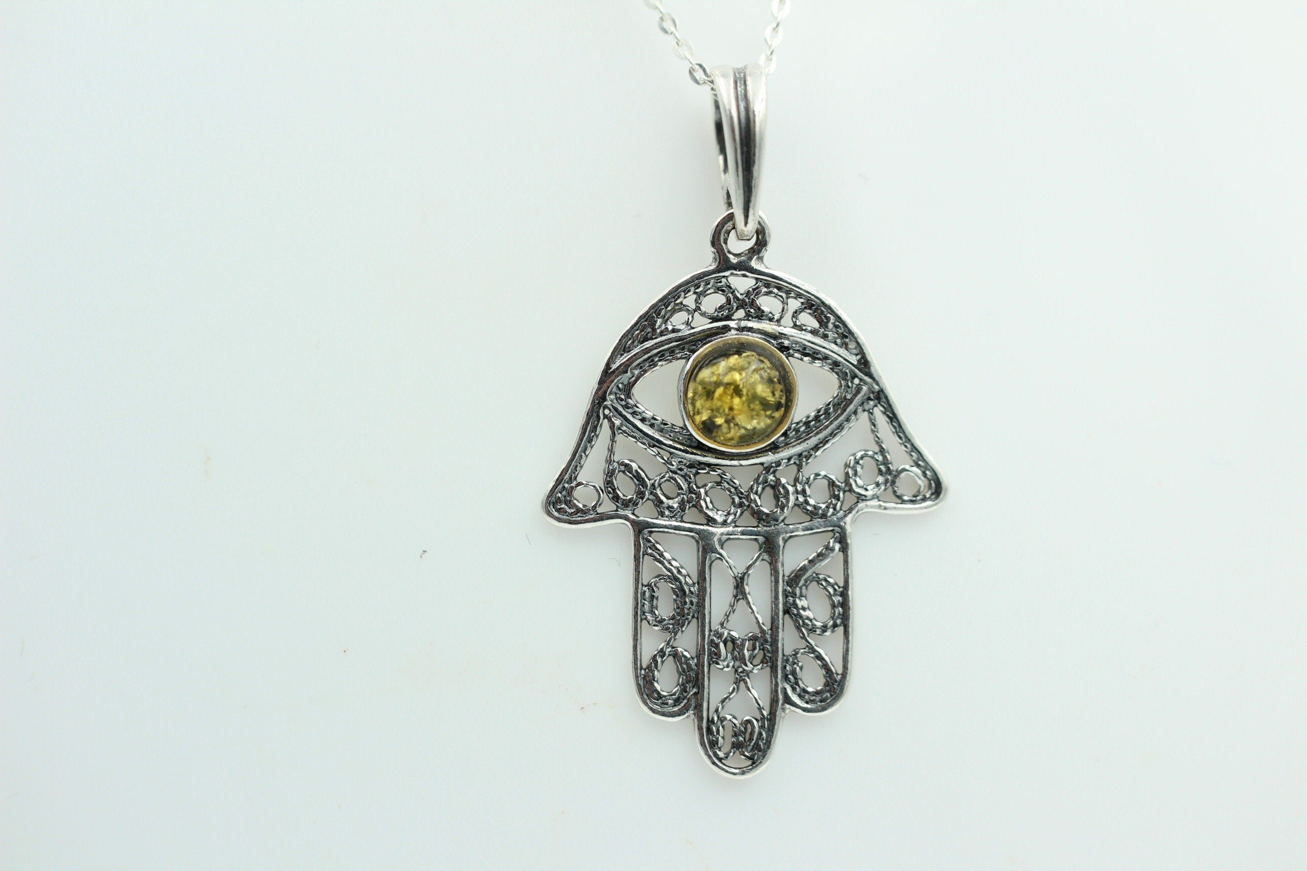 Bernstein Hand der Fatima 925 Silber Collier Kette Bernsteinanhänger