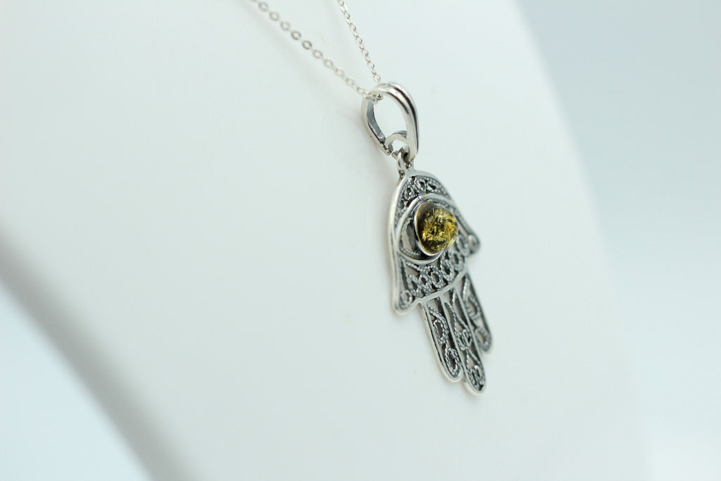 Bernstein Hand der Fatima 925 Silber Collier Kette Bernsteinanhänger