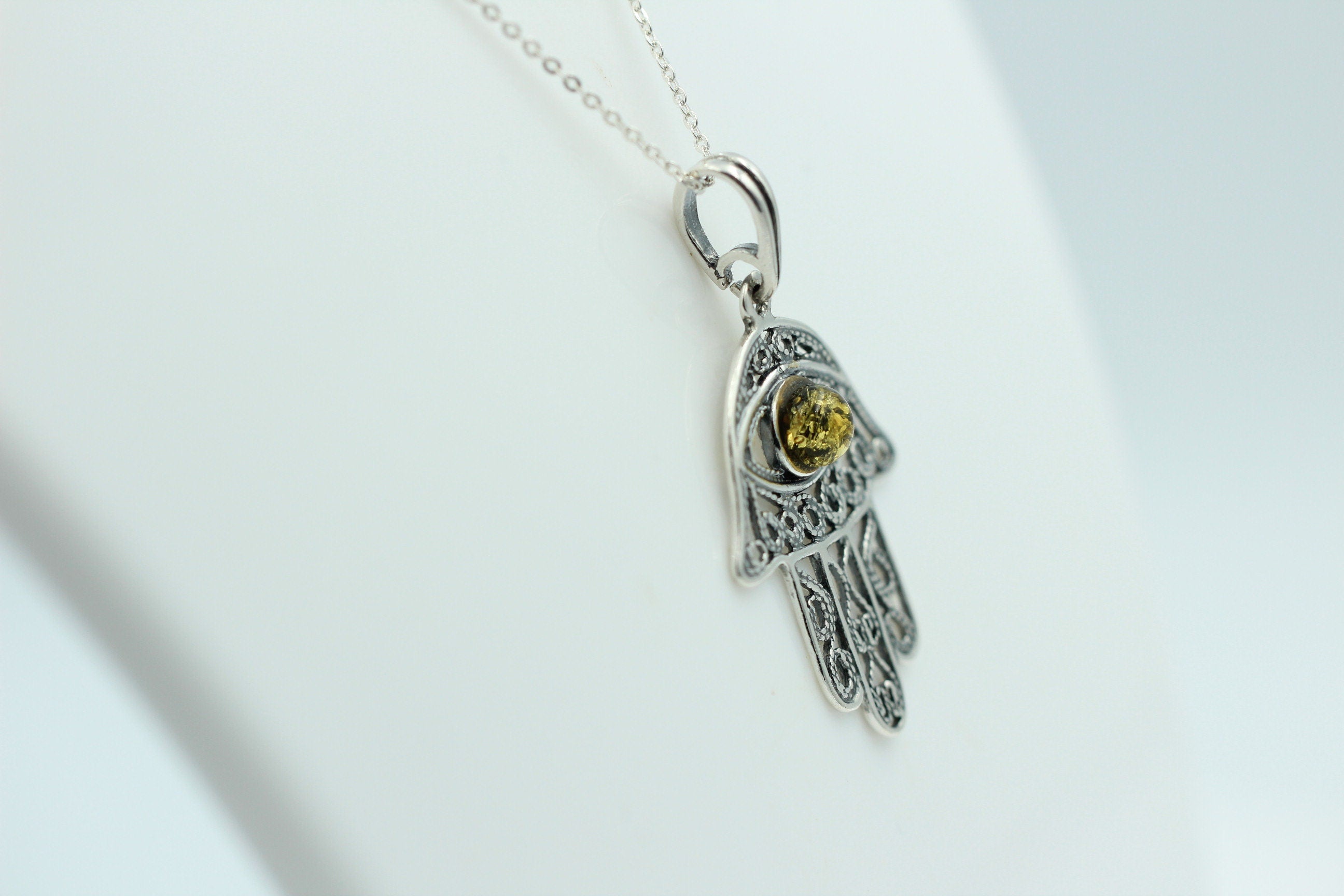 Bernstein Hand der Fatima 925 Silber Collier Kette Bernsteinanhänger