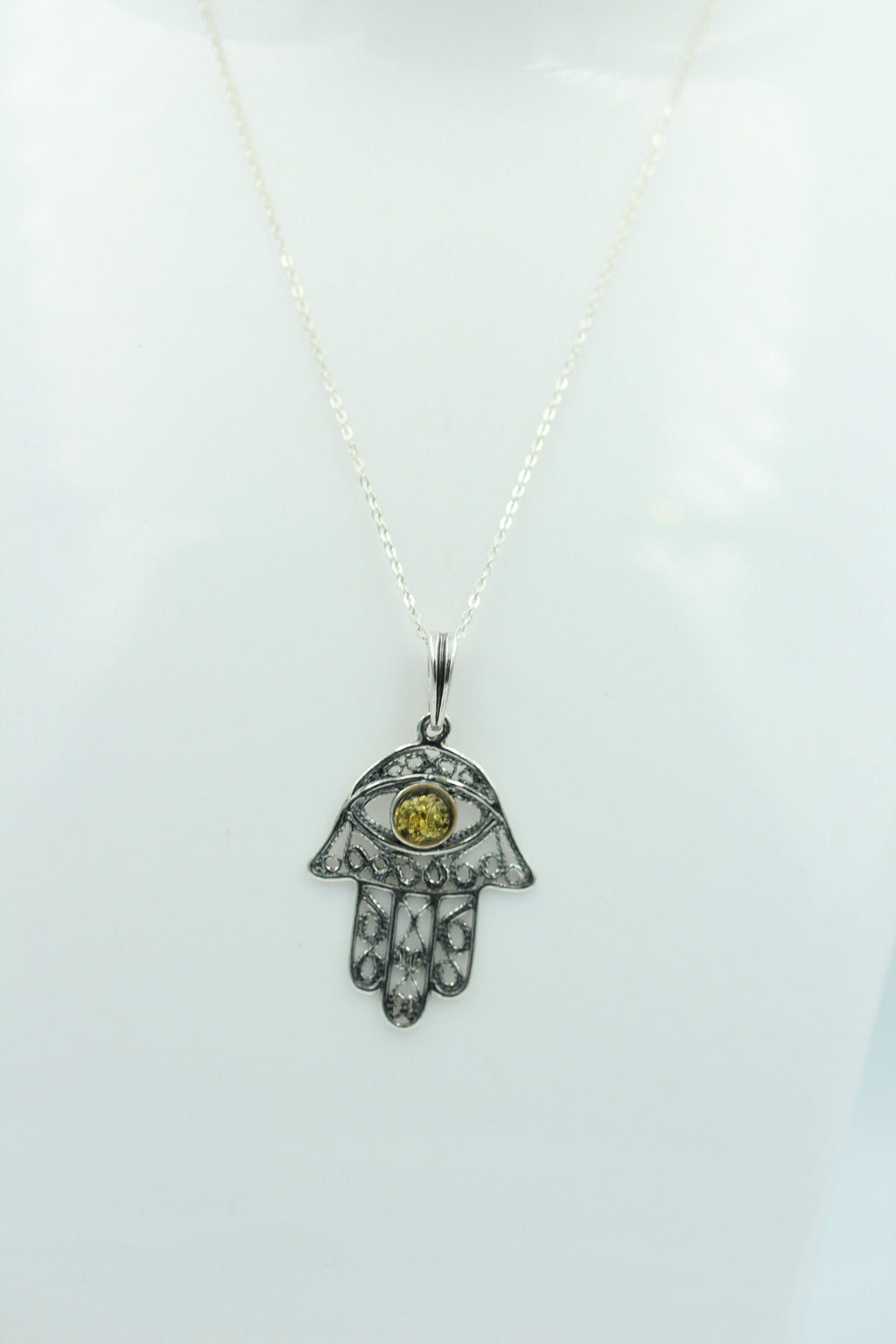 Bernstein Hand der Fatima 925 Silber Collier Kette Bernsteinanhänger