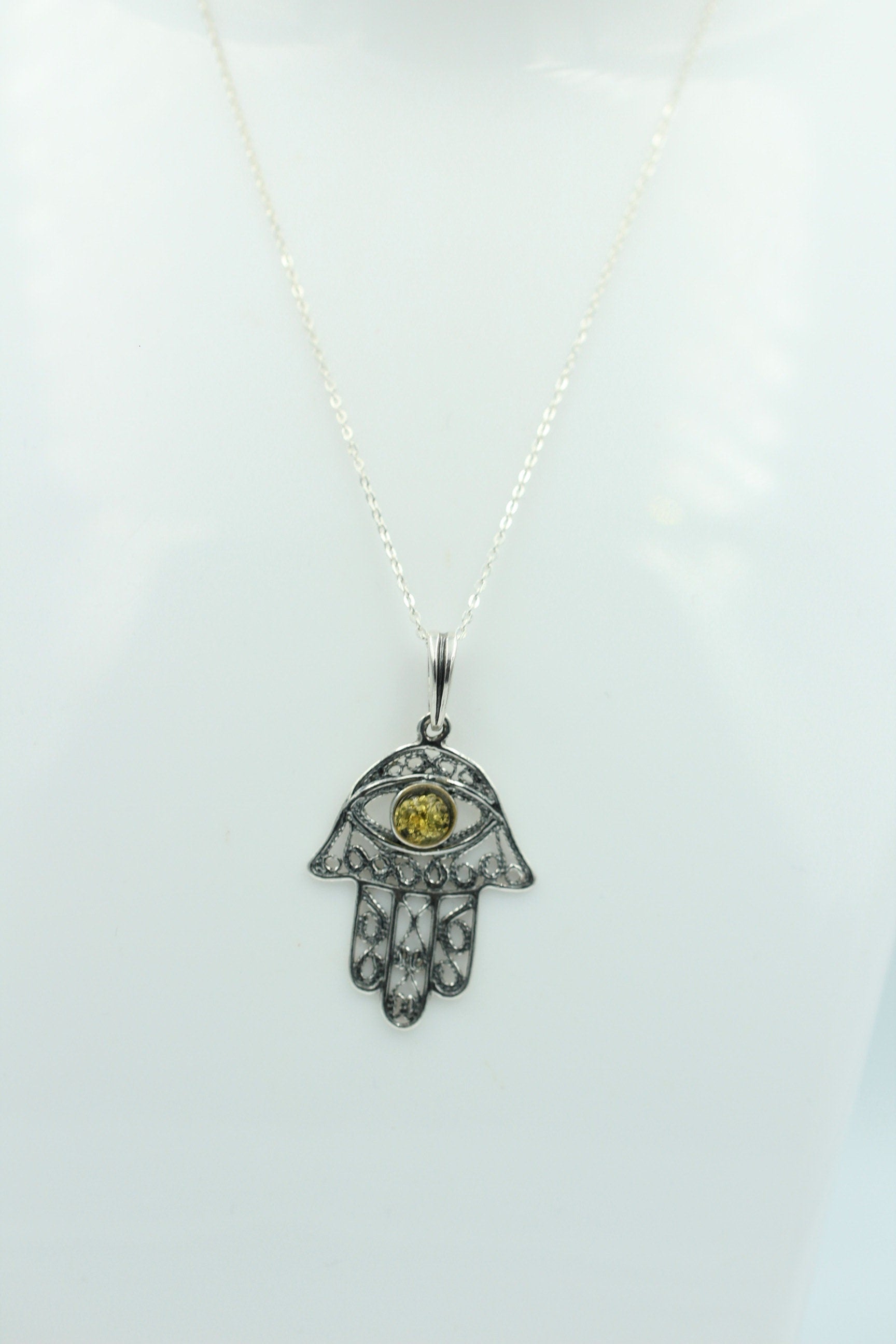 Bernstein Hand der Fatima 925 Silber Collier Kette Bernsteinanhänger