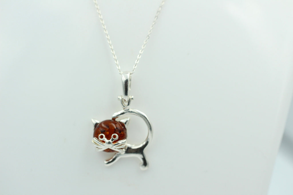 Bernstein Anhänger Katze 925 Silber Katzenanhänger Mädchen Frauen Collier Kette