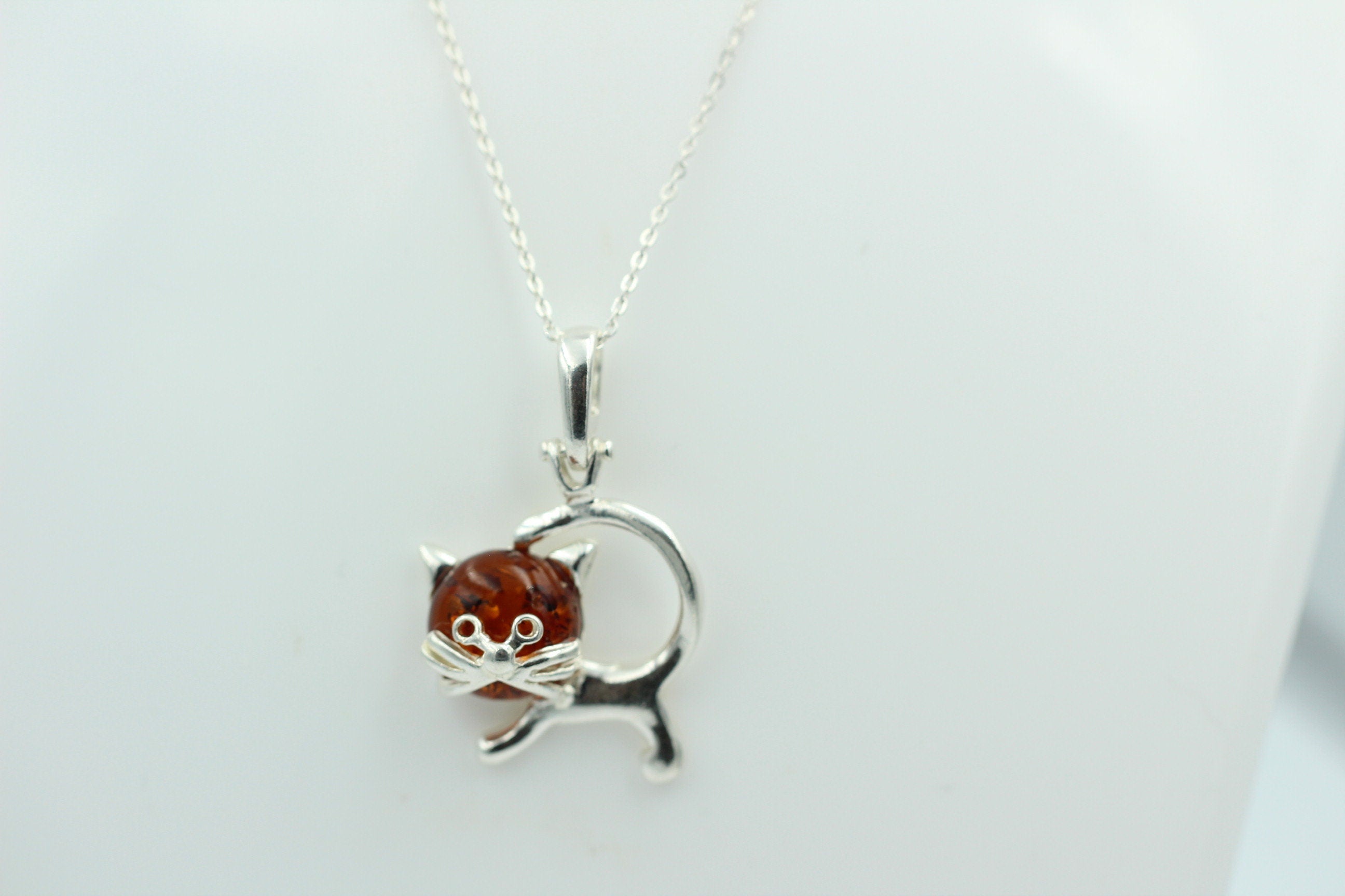 Bernstein Anhänger Katze 925 Silber Katzenanhänger Mädchen Frauen Collier Kette