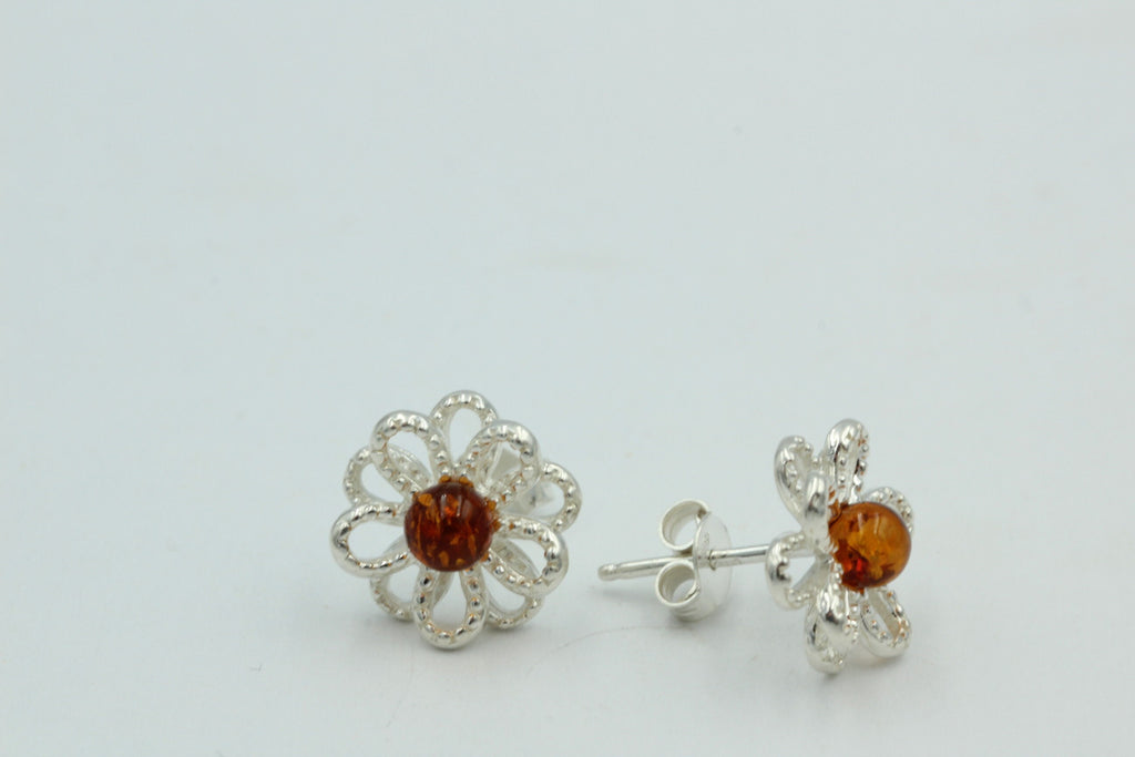 Bernstein Blume Ohrstecker 925 Silber platische Blume Blumenohrstecker