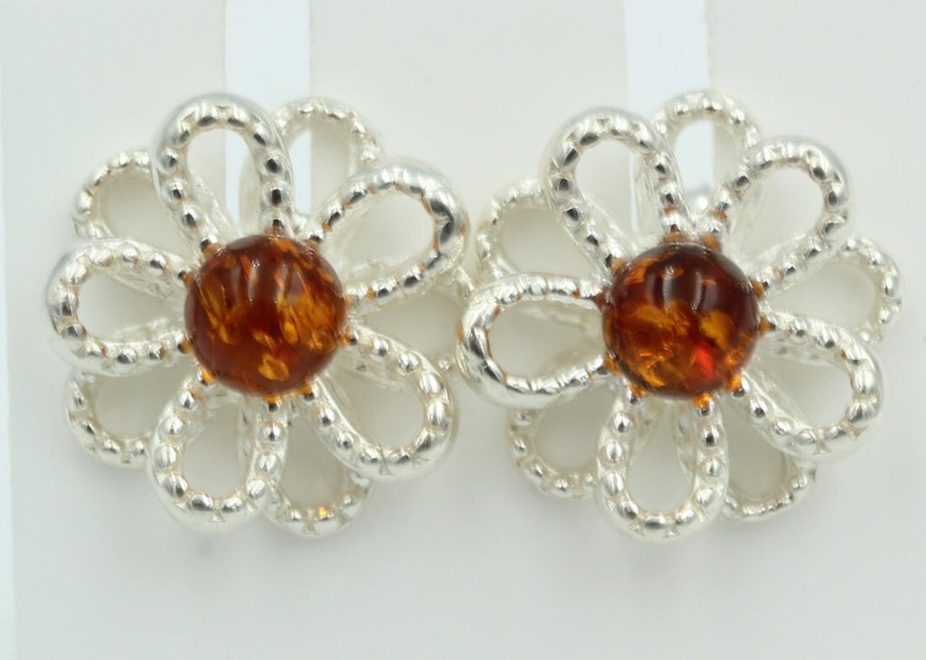 Bernstein Blume Ohrstecker 925 Silber platische Blume Blumenohrstecker