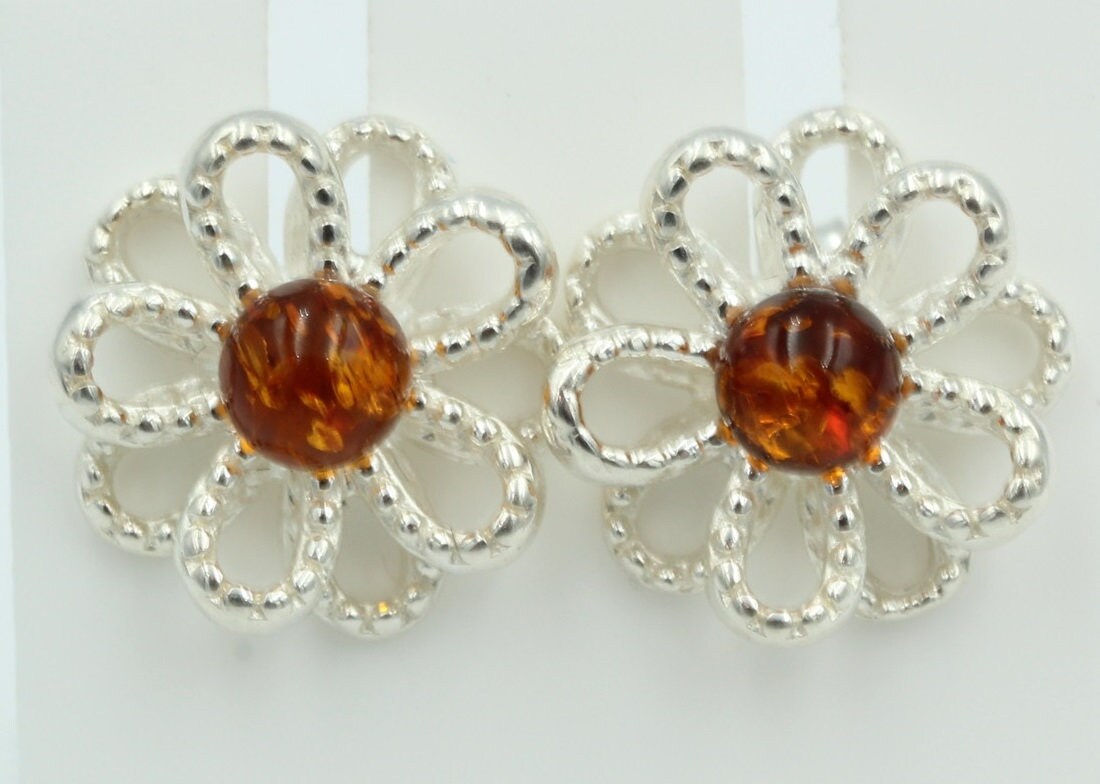 Bernstein Blume Ohrstecker 925 Silber platische Blume Blumenohrstecker