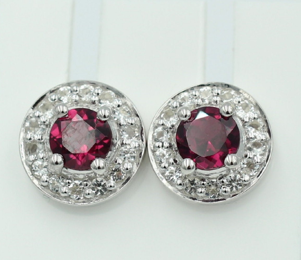 Edle 1,2 Carat Rhodolith Weißtopas Ohrstecker 925 Silber Ohrring Granatart