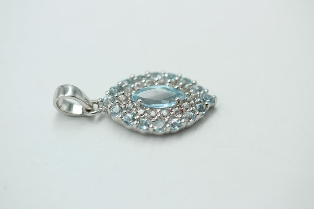 Blautopas Anhänger 925 Silber 2,95 Karat Edelstein Kette Weißtopas Akzente Geschenk für Sie, Blauer Tropfen Anhänger Handgefertigter Schmuck