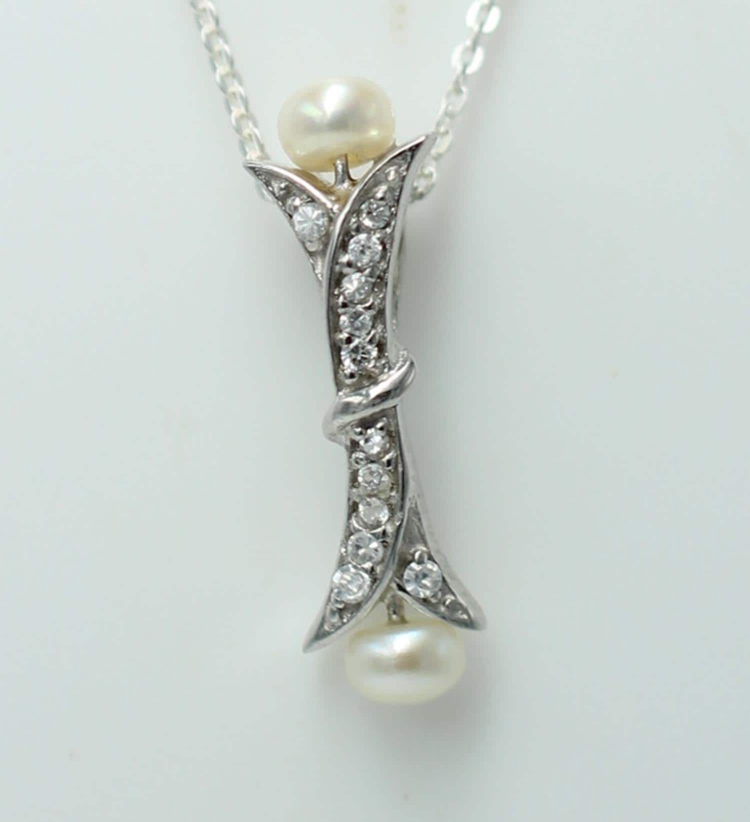 Edler 0,82 Carat Perlen / Zirkonia Anhanger, 925 Silber, Collier, Kette, Rhod.