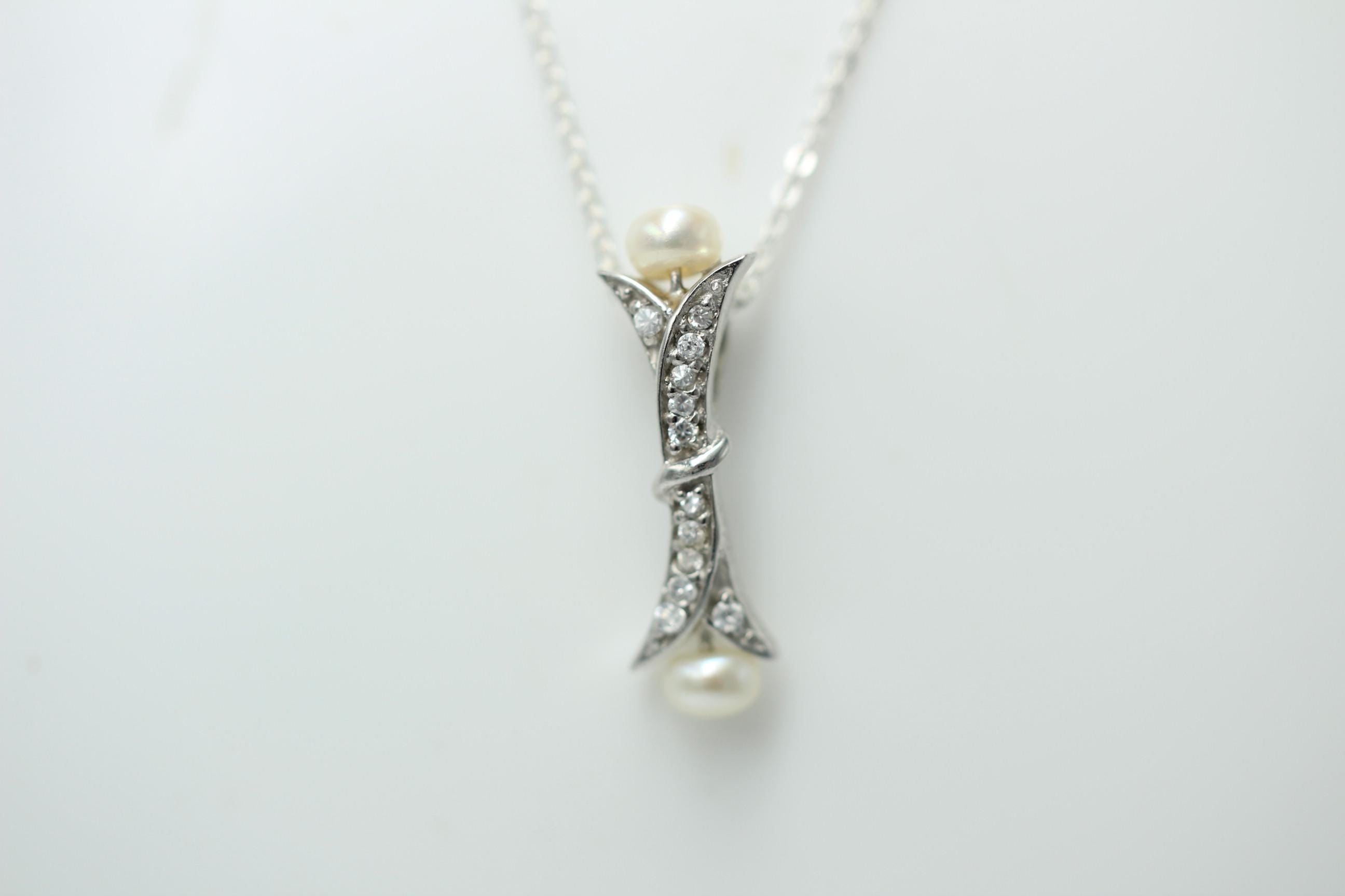 Edler 0,82 Carat Perlen / Zirkonia Anhanger, 925 Silber, Collier, Kette, Rhod.