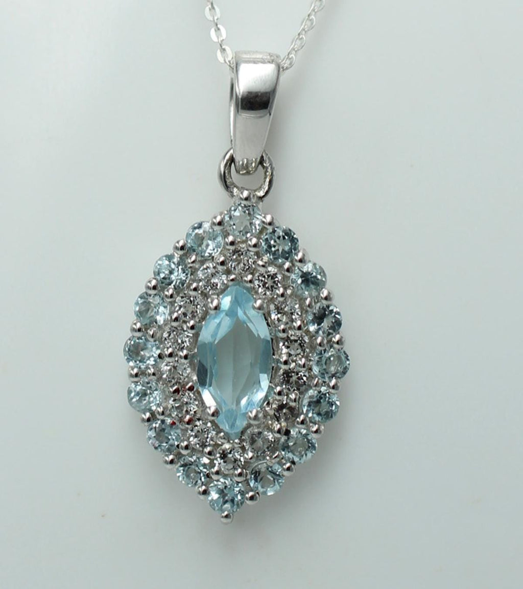 Blautopas Anhänger 925 Silber 2,95 Karat Edelstein Kette Weißtopas Akzente Geschenk für Sie, Blauer Tropfen Anhänger Handgefertigter Schmuck