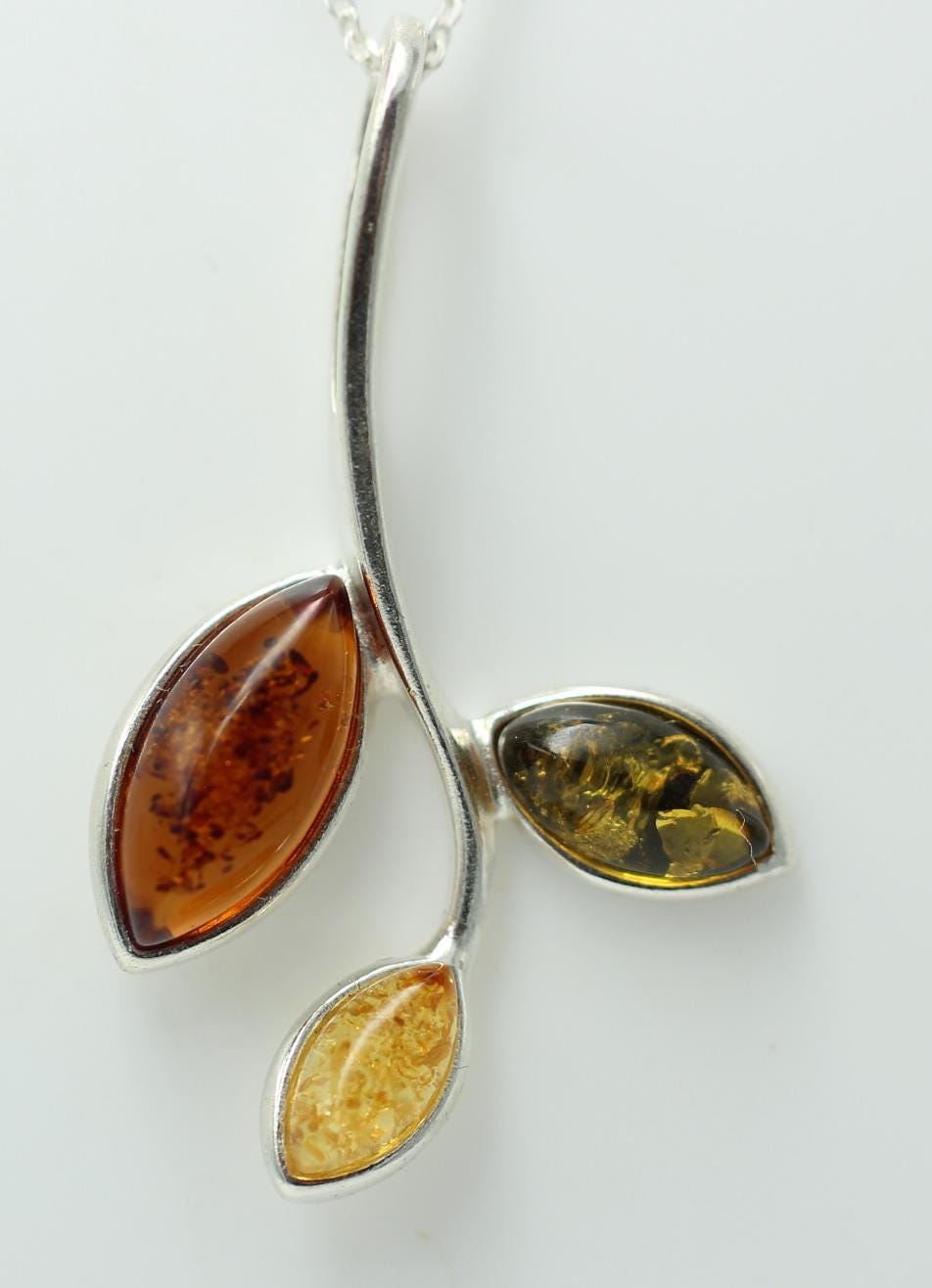 Edle Bernstein Zweig Anhänger dreifarbig 925 Silber Collier Kette Top Edel