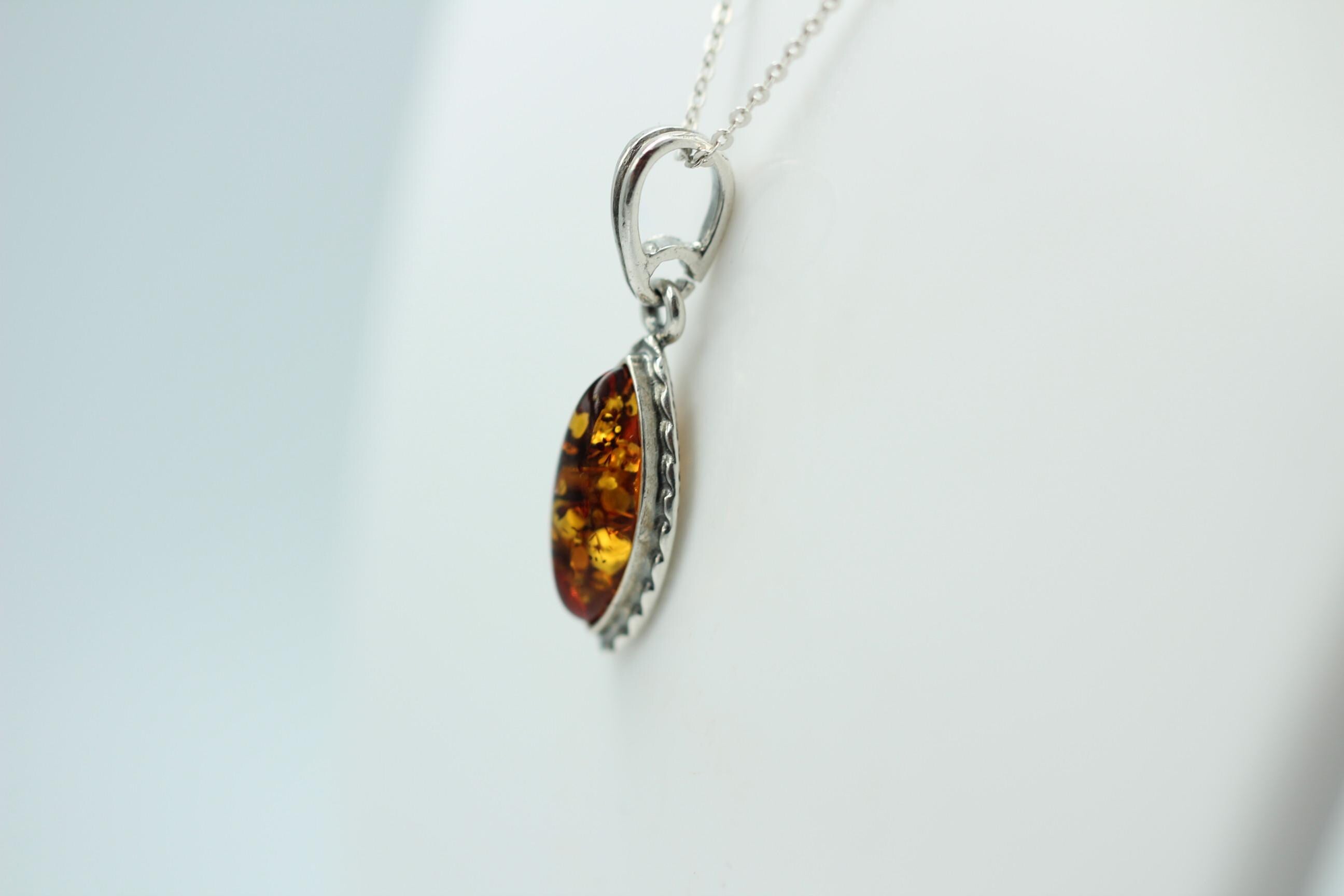 brauner Bernstein Anhänger 925 Sterlingsilber Collier Kette Bernsteinschmuck