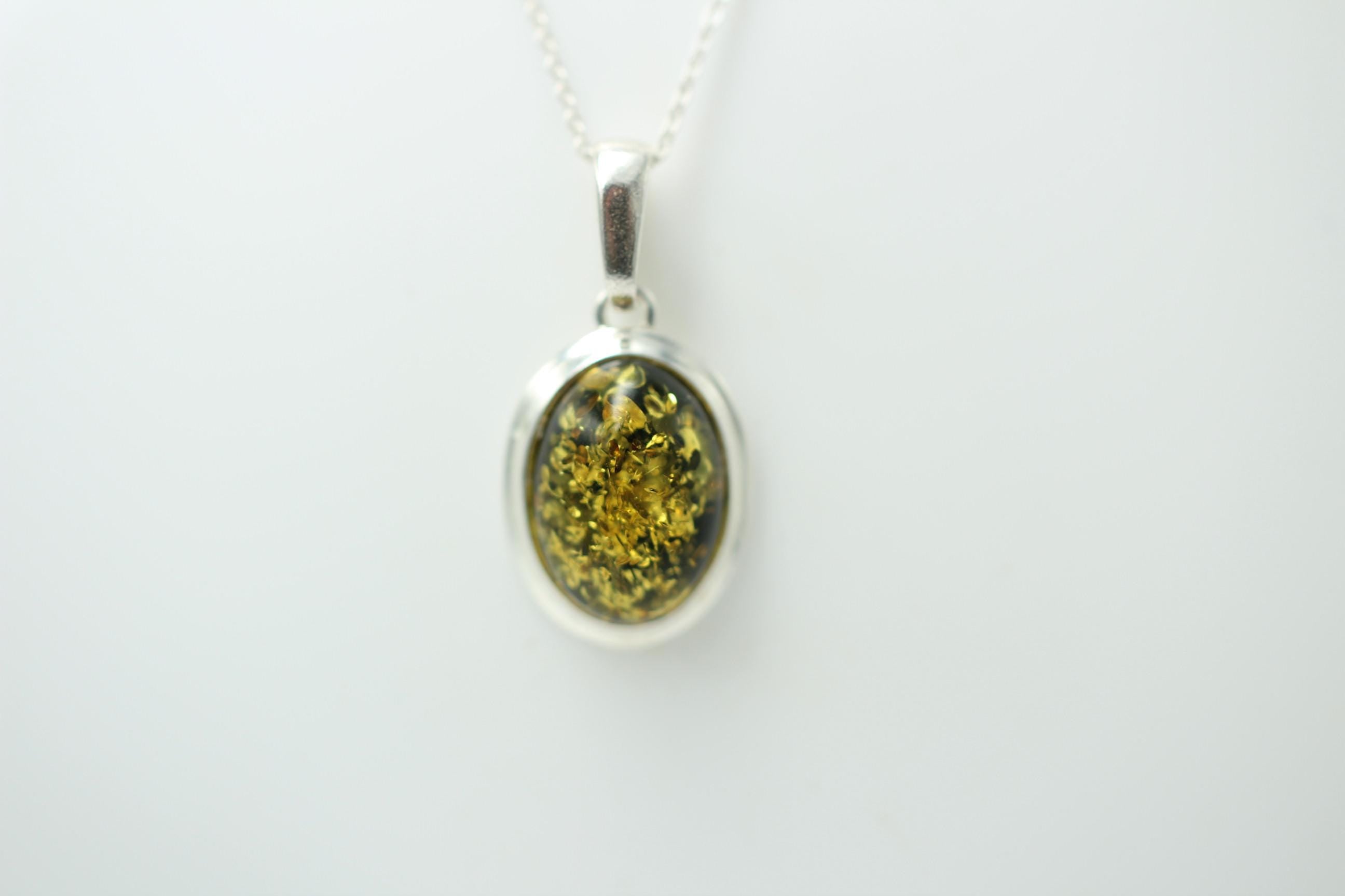 grüner Bernstein Design Anhänger 925 Silber Collier Kette Bernsteinanhänger Top