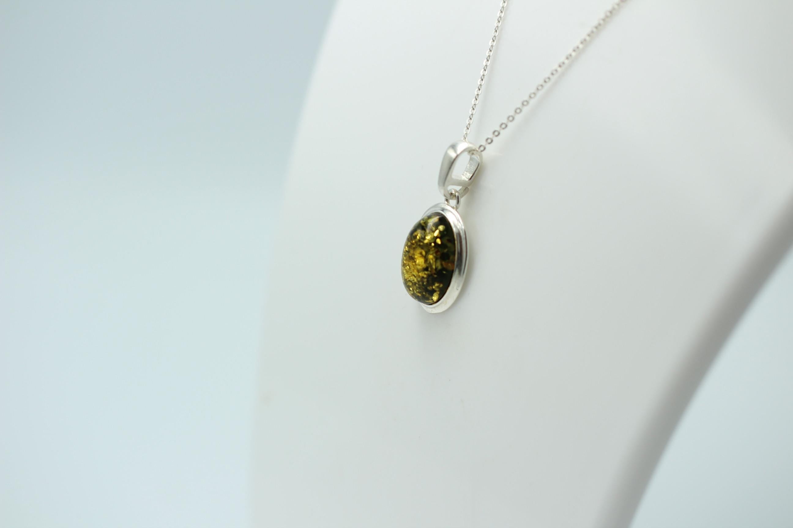 grüner Bernstein Design Anhänger 925 Silber Collier Kette Bernsteinanhänger Top