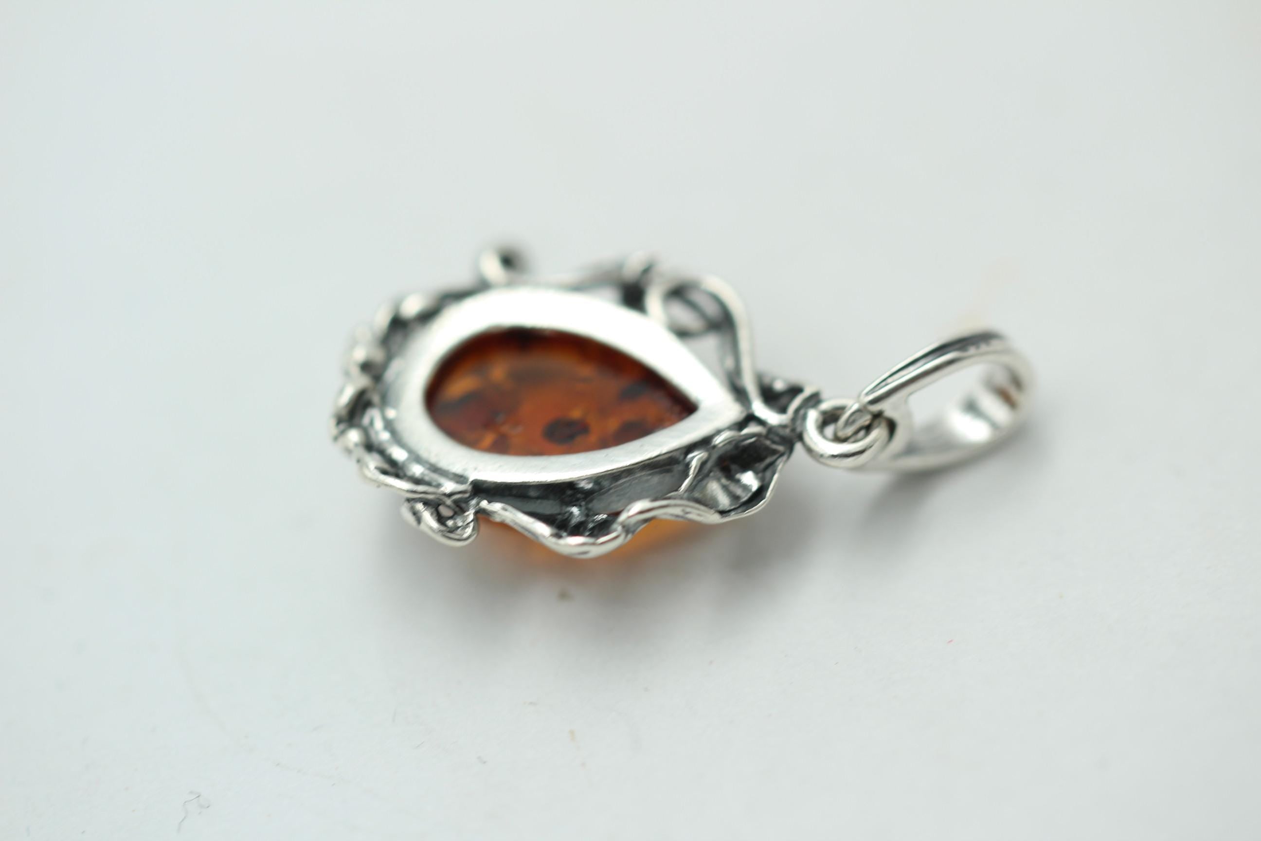Jugendstil Design Bernsteinanhänger 925 Silber Collier Kette Bernstein