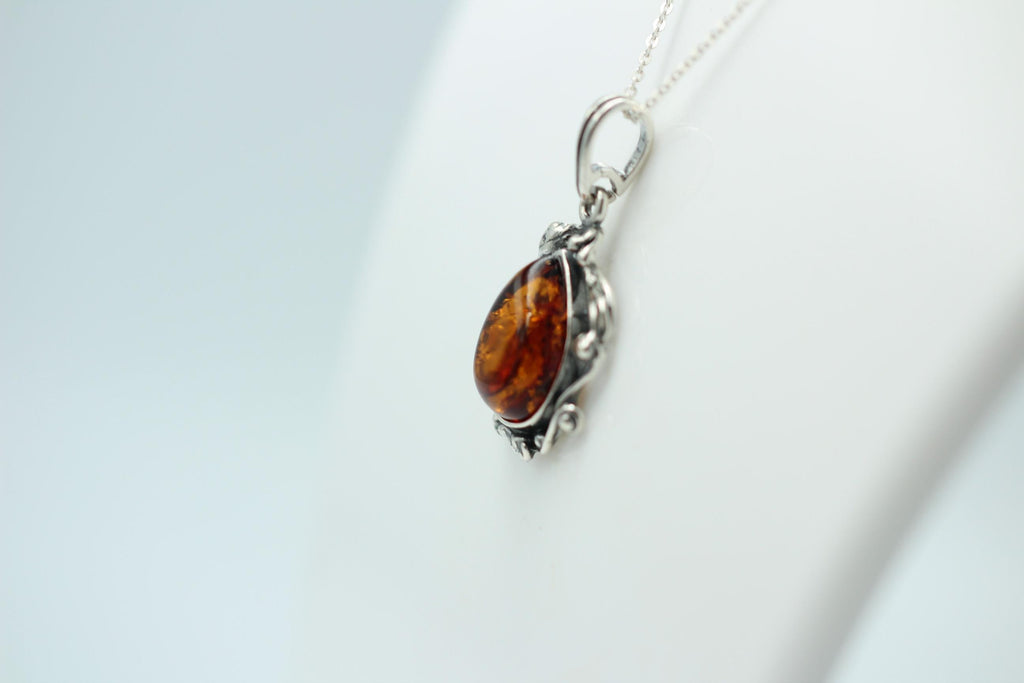 Jugendstil Design Bernsteinanhänger 925 Silber Collier Kette Bernstein