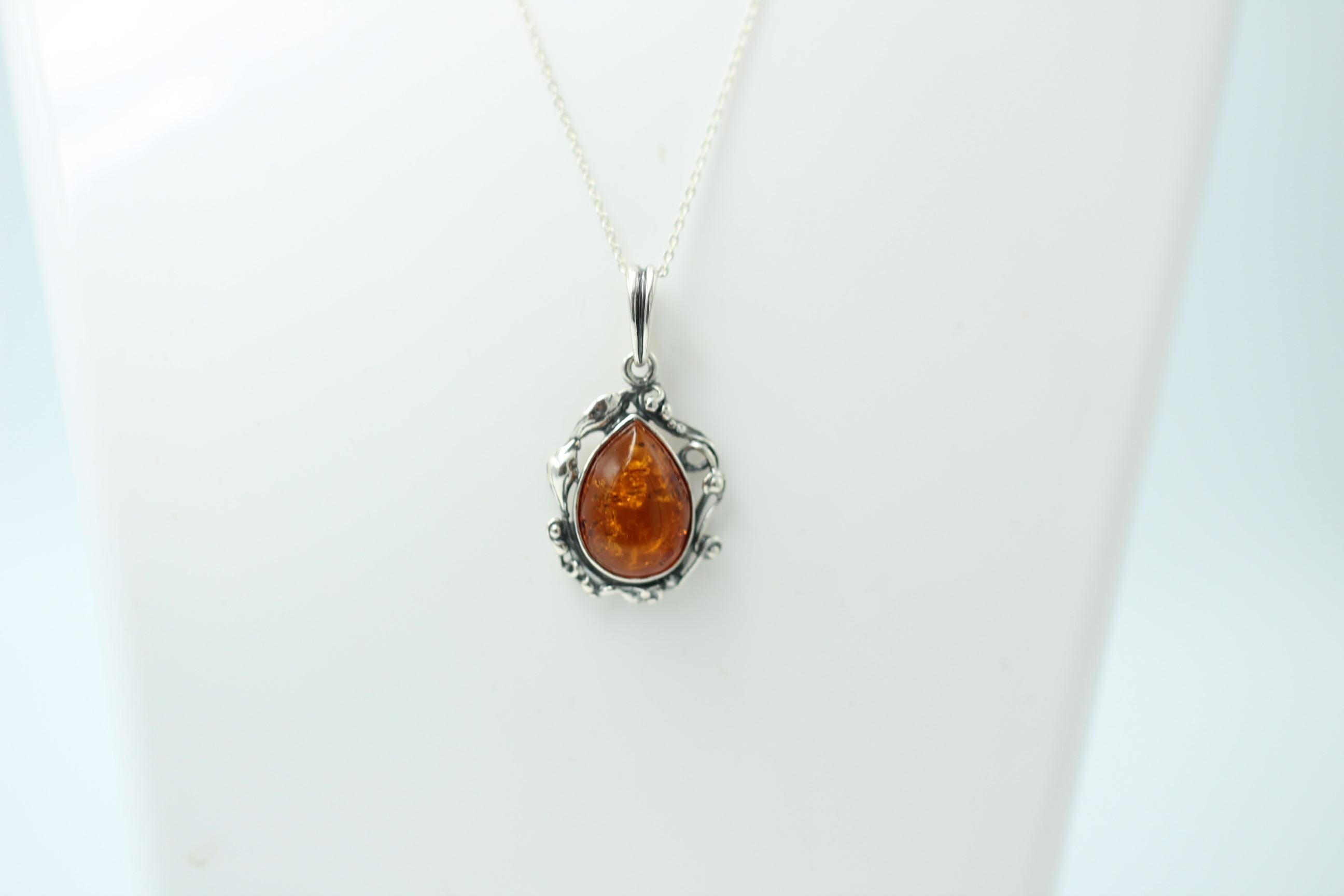 Jugendstil Design Bernsteinanhänger 925 Silber Collier Kette Bernstein
