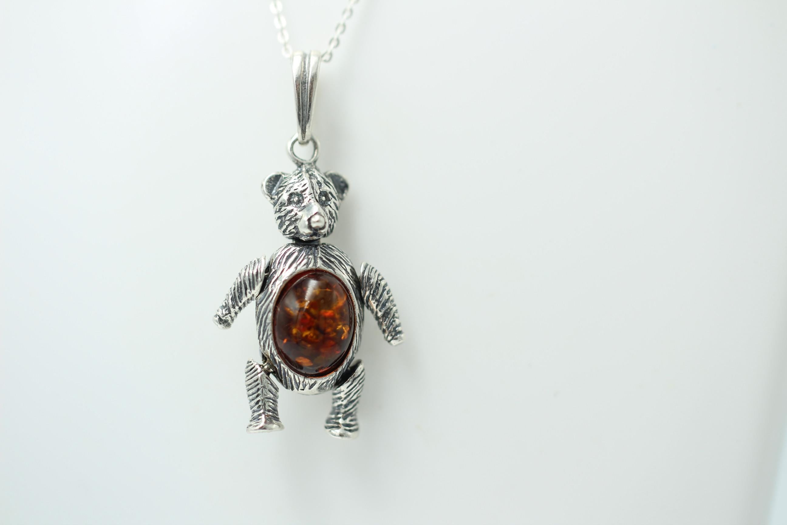 Design Bär 925 Silber mit Bernstein beweglich und platisch Bärenkette Collier