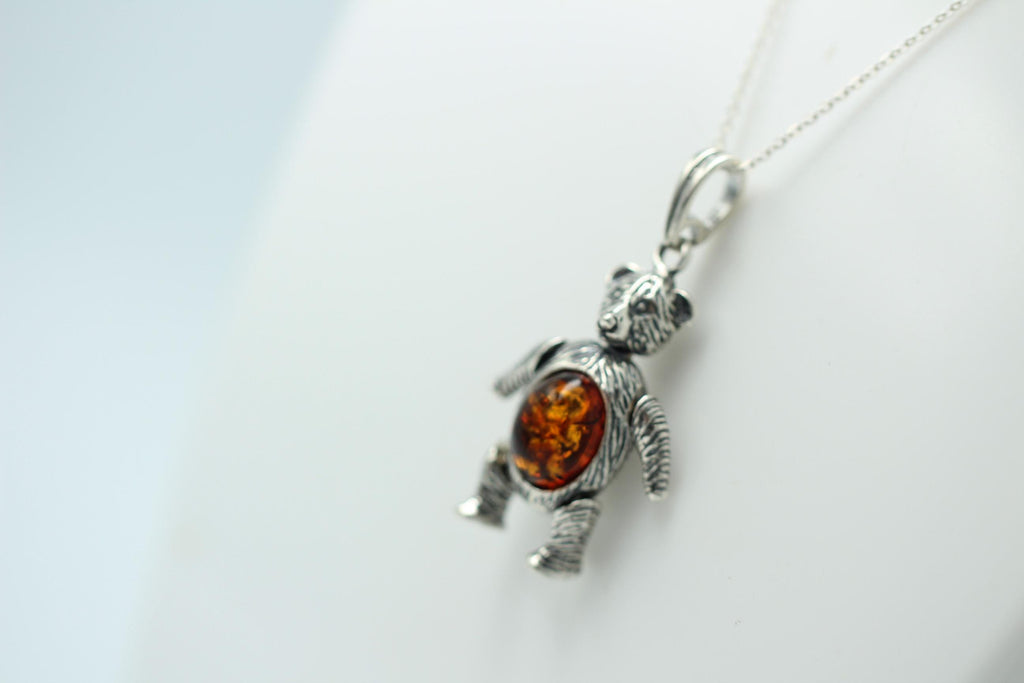 Design Bär 925 Silber mit Bernstein beweglich und platisch Bärenkette Collier
