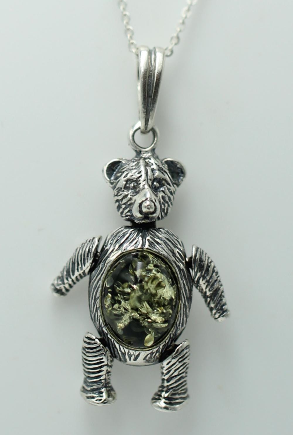 Design Bär 925 Silber mit grünem Bernstein beweglich und platisch Bärenkette