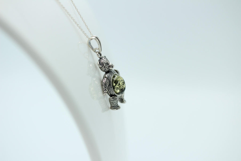 Design Bär 925 Silber mit grünem Bernstein beweglich und platisch Bärenkette