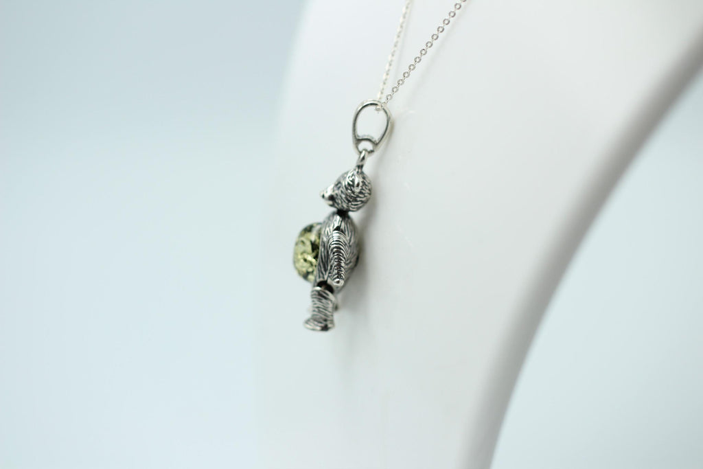 Design Bär 925 Silber mit grünem Bernstein beweglich und platisch Bärenkette