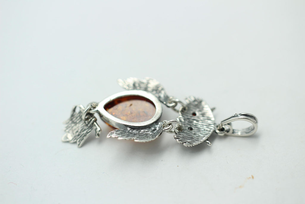 beweglicher Eulen Anhänger Bernstein in 925 Sterling Silber Collier Kette