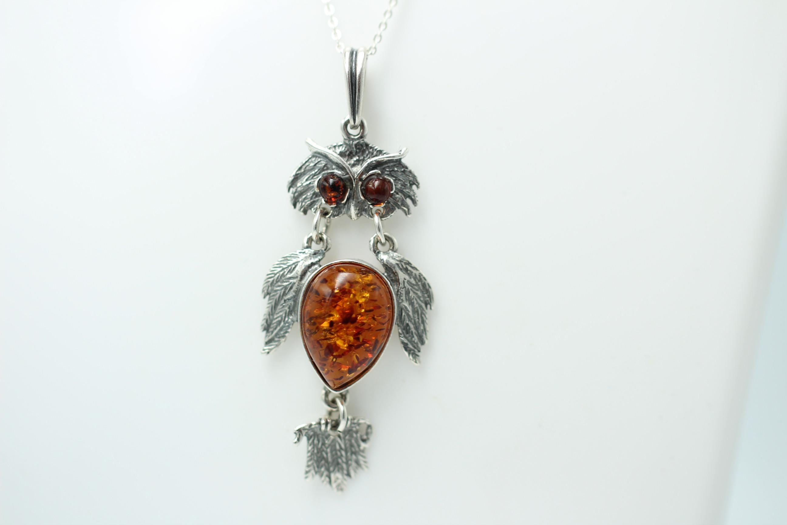 beweglicher Eulen Anhänger Bernstein in 925 Sterling Silber Collier Kette