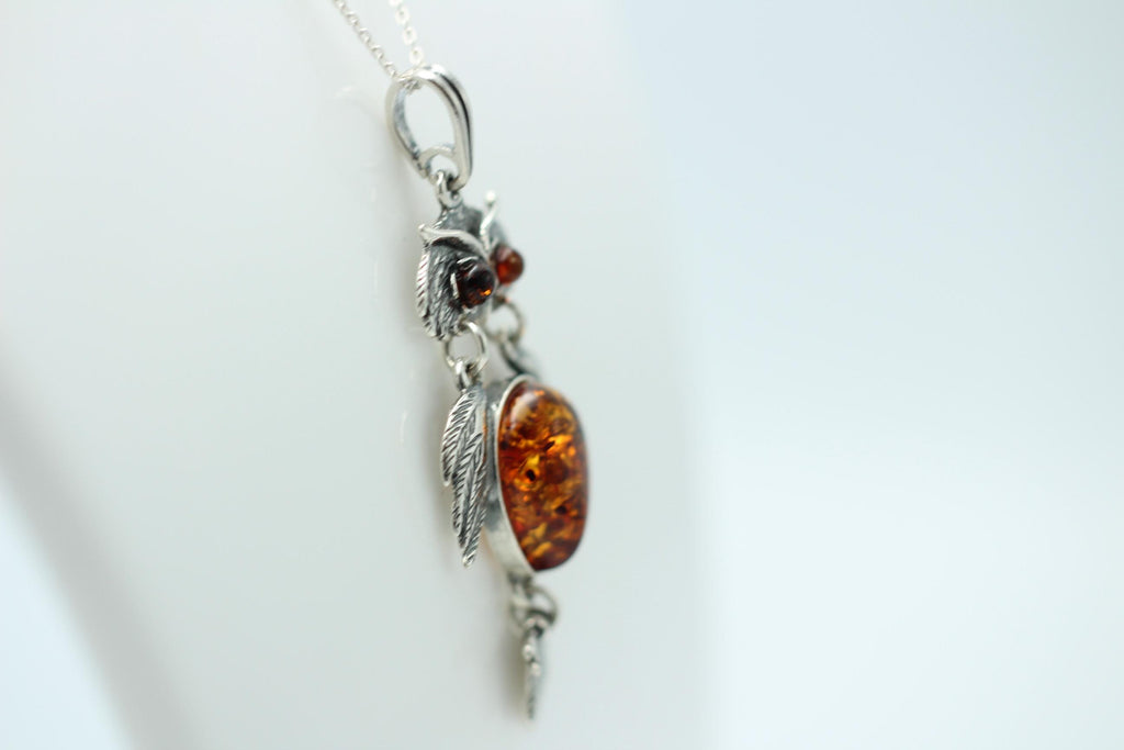 beweglicher Eulen Anhänger Bernstein in 925 Sterling Silber Collier Kette