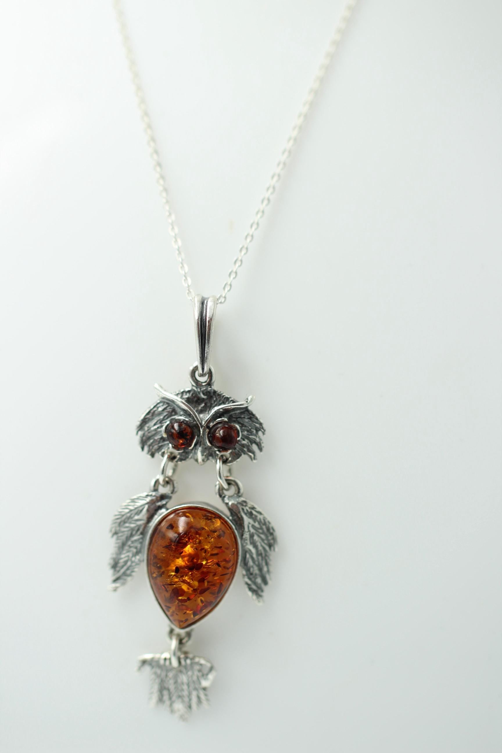 beweglicher Eulen Anhänger Bernstein in 925 Sterling Silber Collier Kette