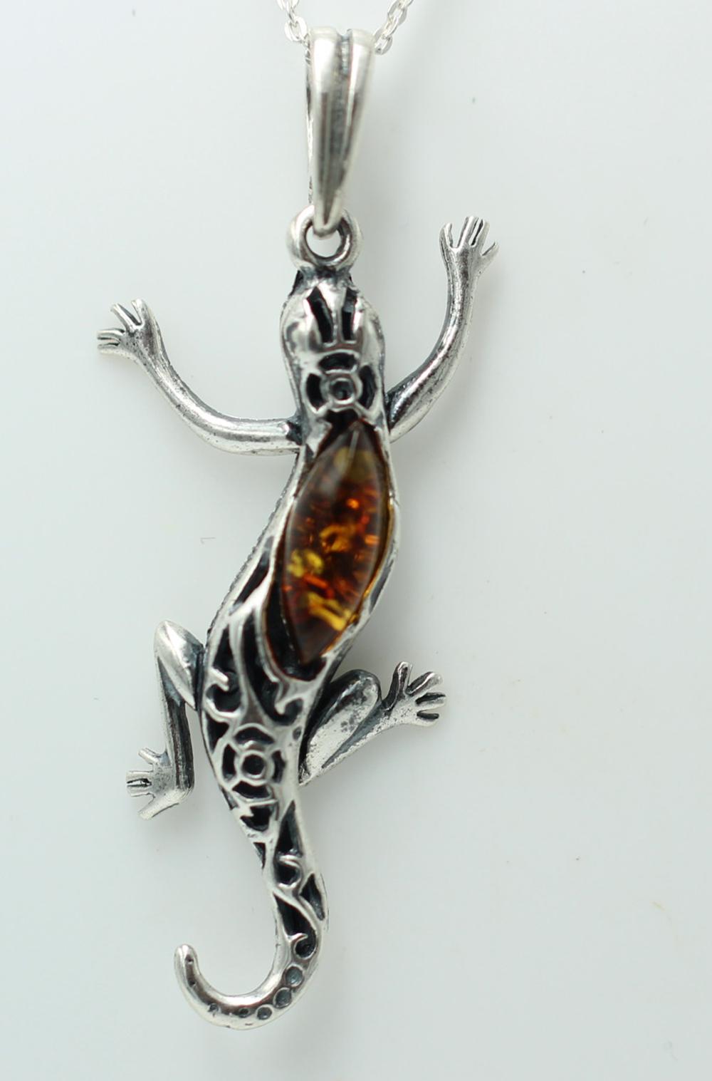 Echsen Anhänger Bernstein 925 Silber Collier Kette Tieranhänger Echse Anhänger