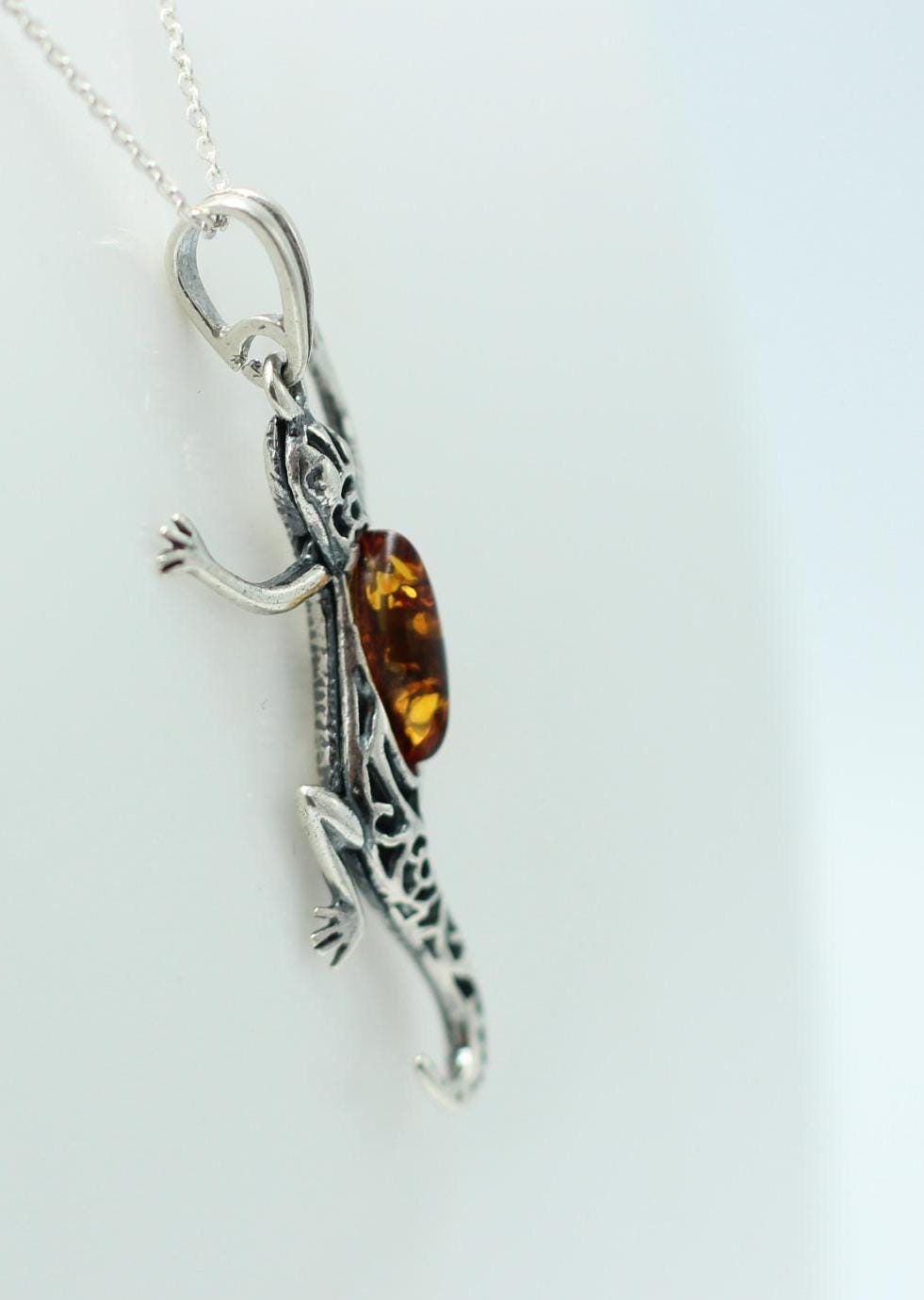 Echsen Anhänger Bernstein 925 Silber Collier Kette Tieranhänger Echse Anhänger