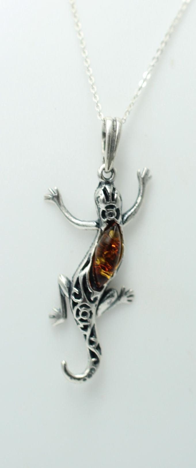 Echsen Anhänger Bernstein 925 Silber Collier Kette Tieranhänger Echse Anhänger