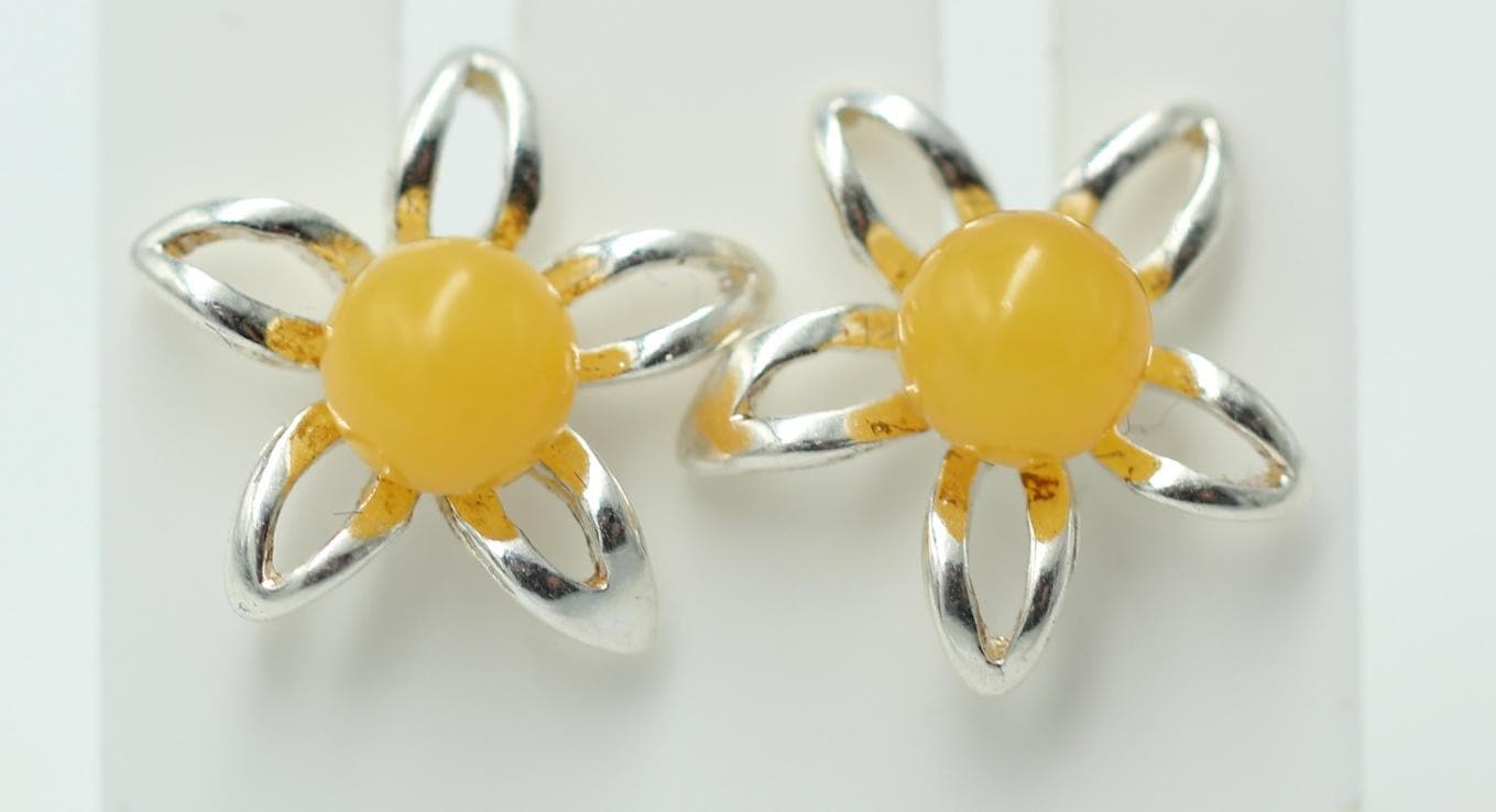 Bernsteinblume 925 Sterling Silber Ohrstecker Ohrring Silberblume mit Bernstein