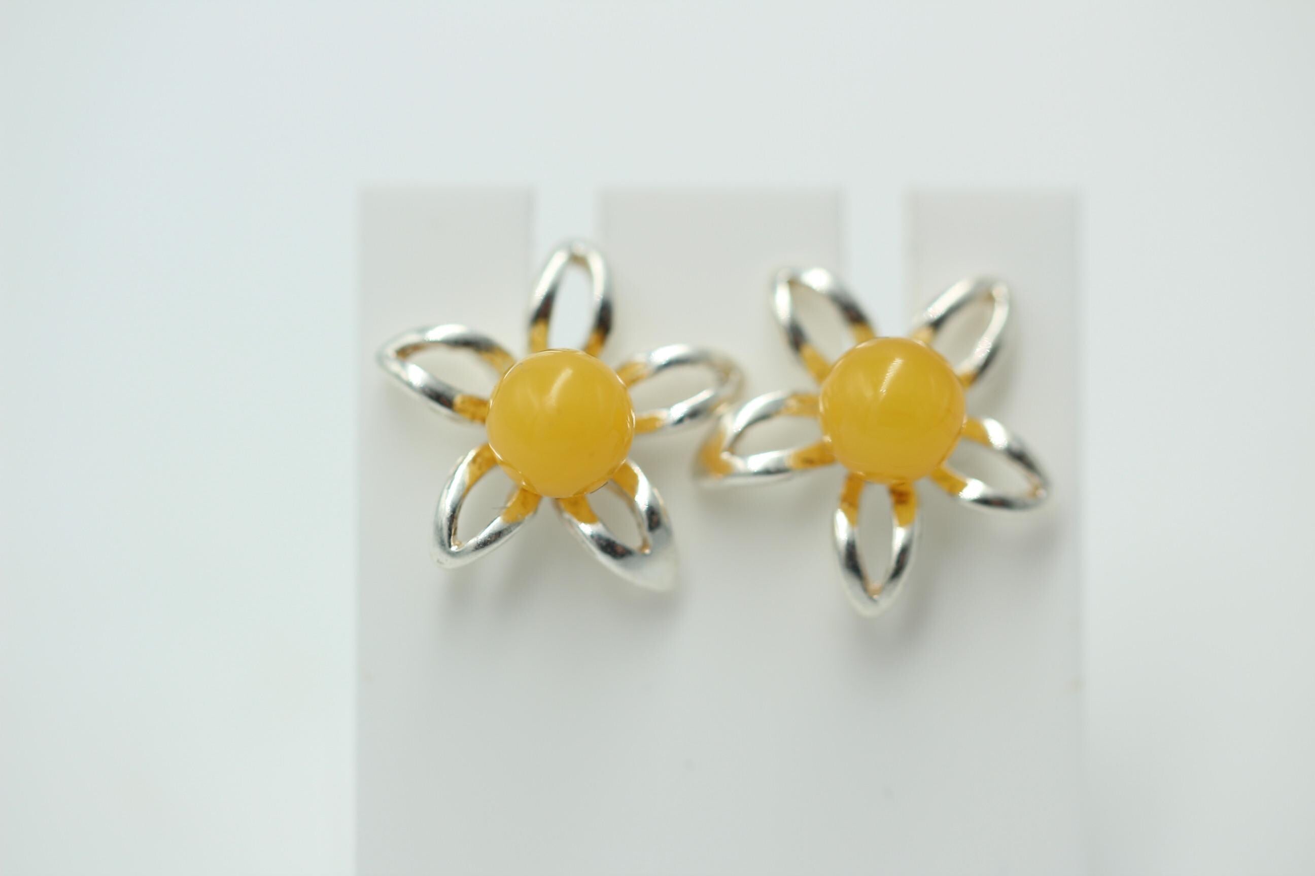 Bernsteinblume 925 Sterling Silber Ohrstecker Ohrring Silberblume mit Bernstein