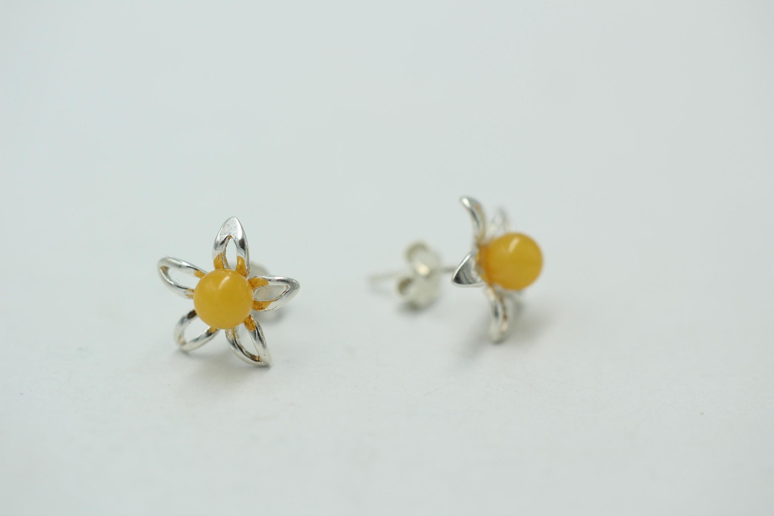Bernsteinblume 925 Sterling Silber Ohrstecker Ohrring Silberblume mit Bernstein