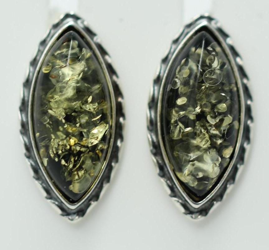 Bernstein Ohrstecker Marquise grün 925 Sterling Silber Bernsteinschmuck Top
