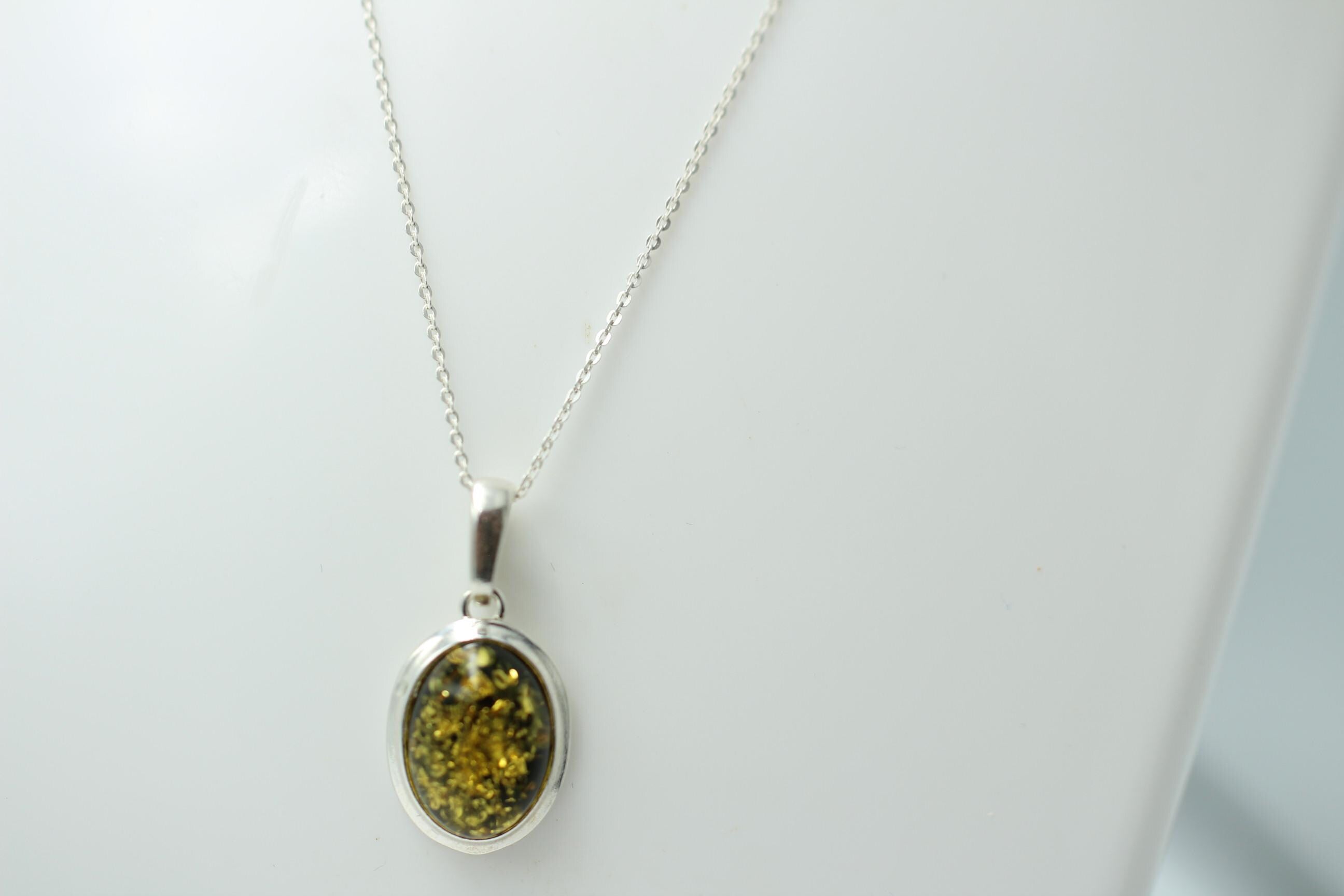 grüner Bernstein Design Anhänger 925 Silber Collier Kette Bernsteinanhänger Top